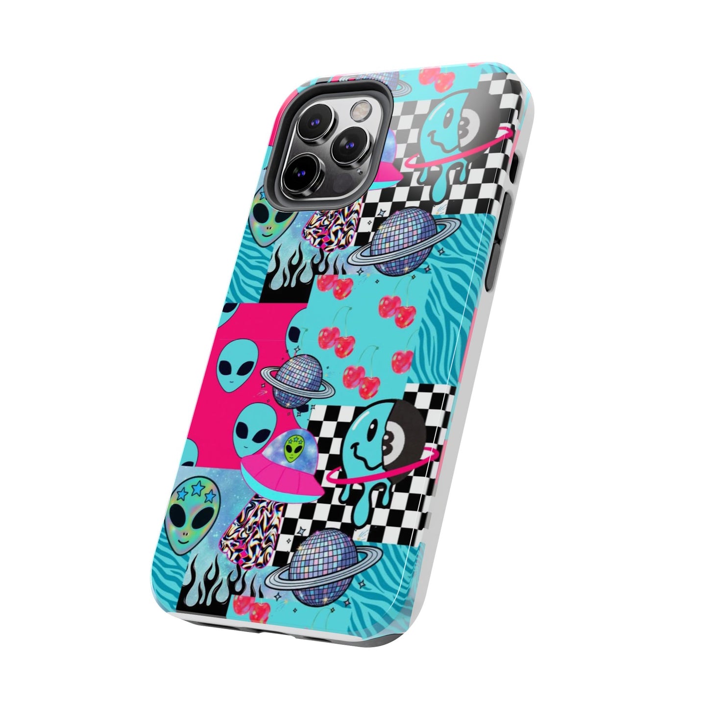 Alien Collage Tough Phone Case — Retro Checkerboard, Planets & Cherry Pop Design
