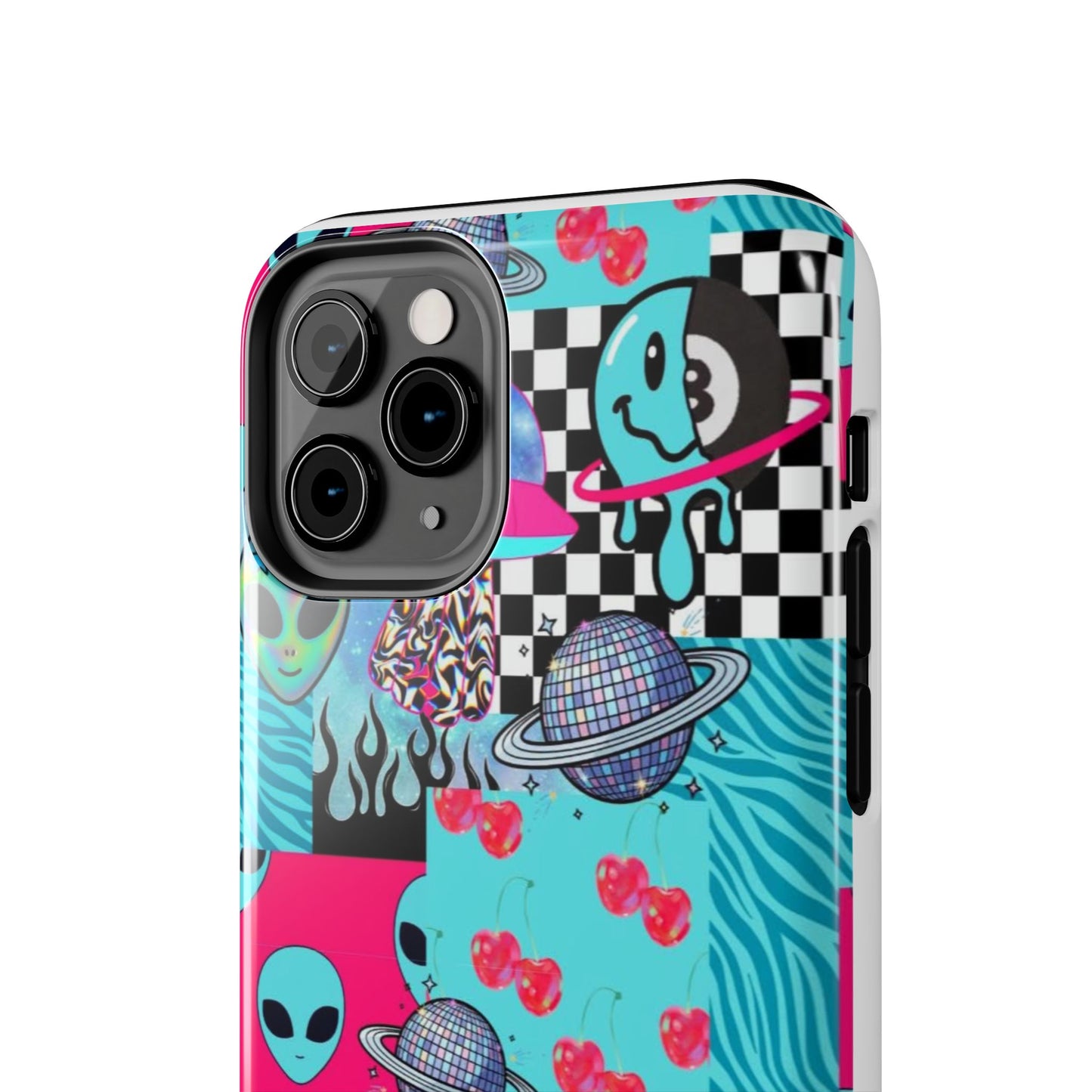 Alien Collage Tough Phone Case — Retro Checkerboard, Planets & Cherry Pop Design