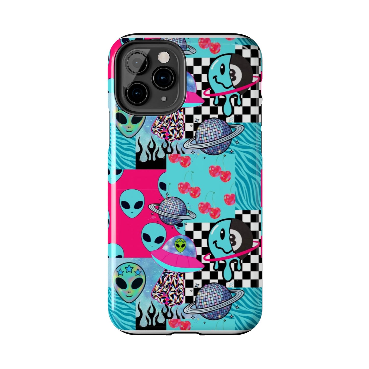 Alien Collage Tough Phone Case — Retro Checkerboard, Planets & Cherry Pop Design