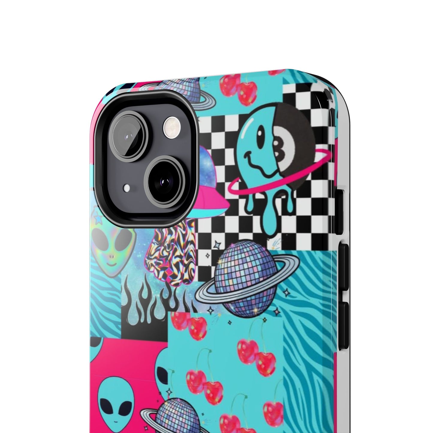Alien Collage Tough Phone Case — Retro Checkerboard, Planets & Cherry Pop Design