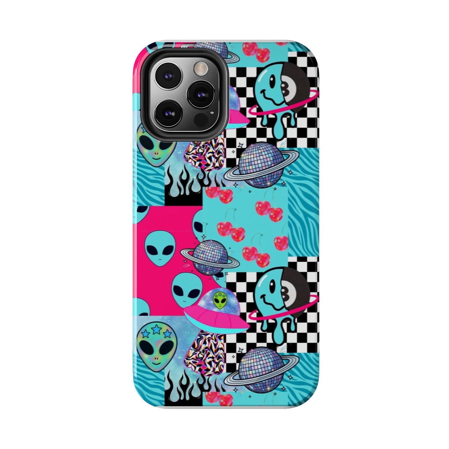 Alien Collage Tough Phone Case — Retro Checkerboard, Planets & Cherry Pop Design