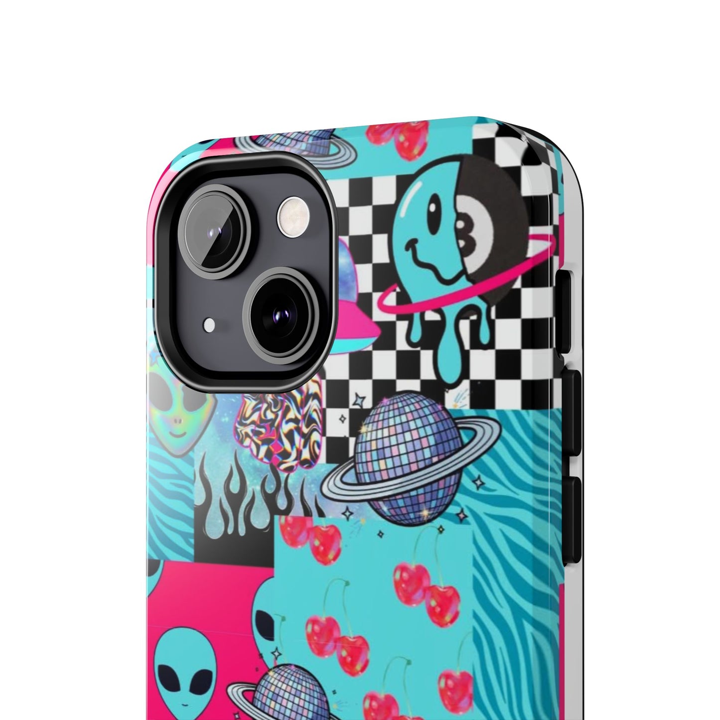 Alien Collage Tough Phone Case — Retro Checkerboard, Planets & Cherry Pop Design