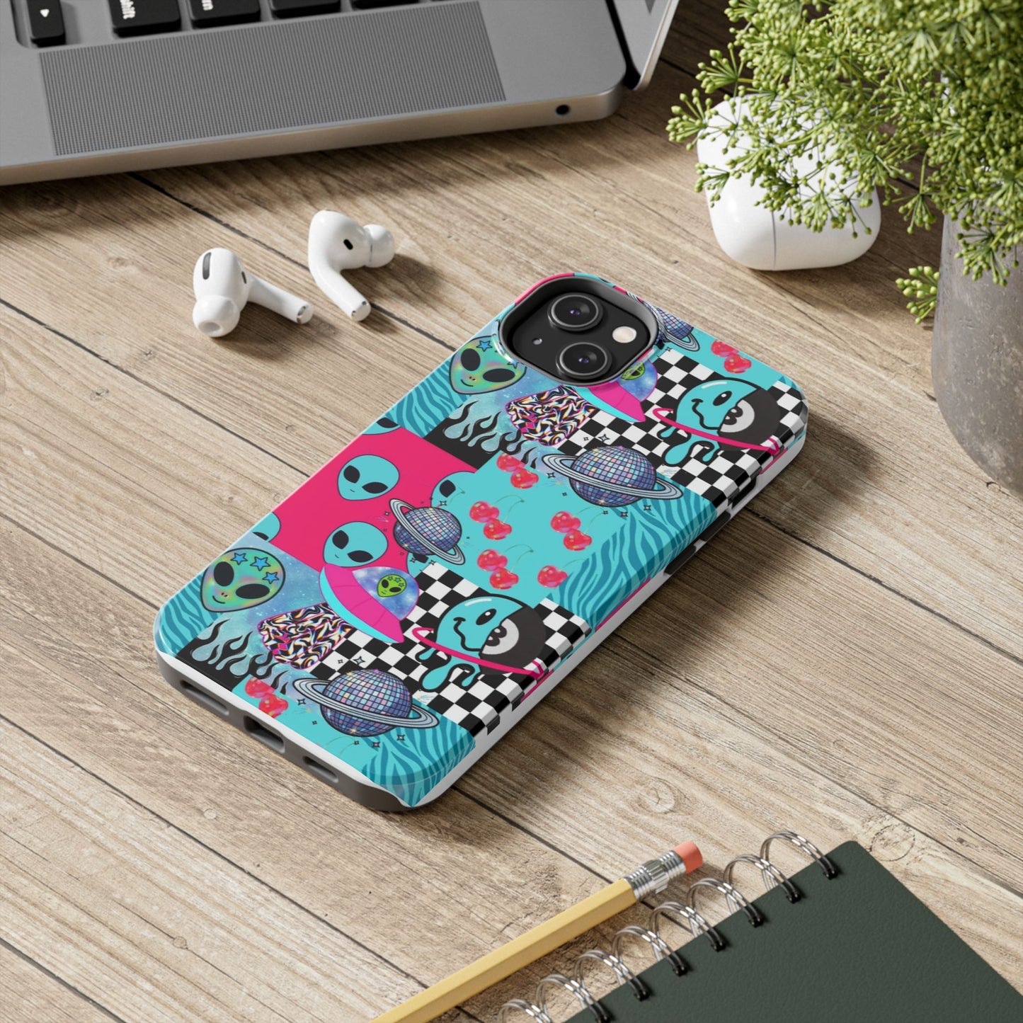 Alien Collage Tough Phone Case — Retro Checkerboard, Planets & Cherry Pop Design