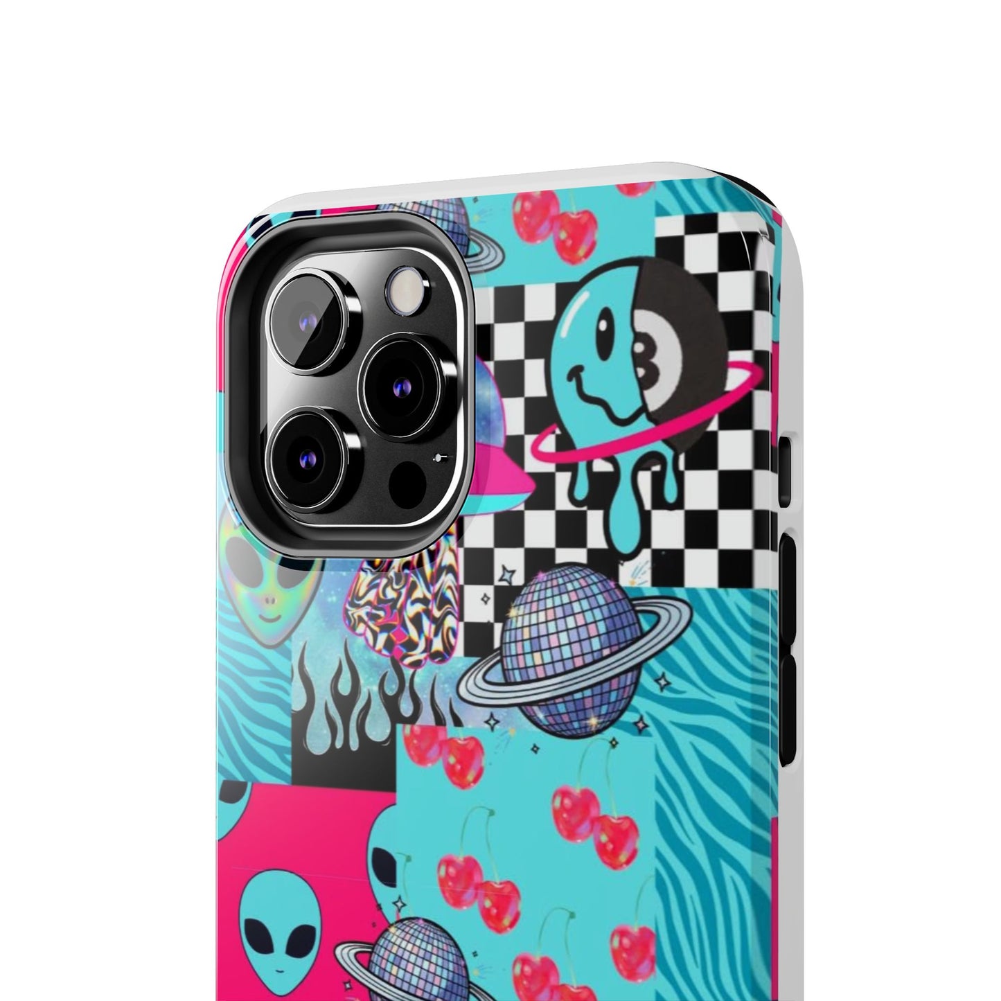 Alien Collage Tough Phone Case — Retro Checkerboard, Planets & Cherry Pop Design