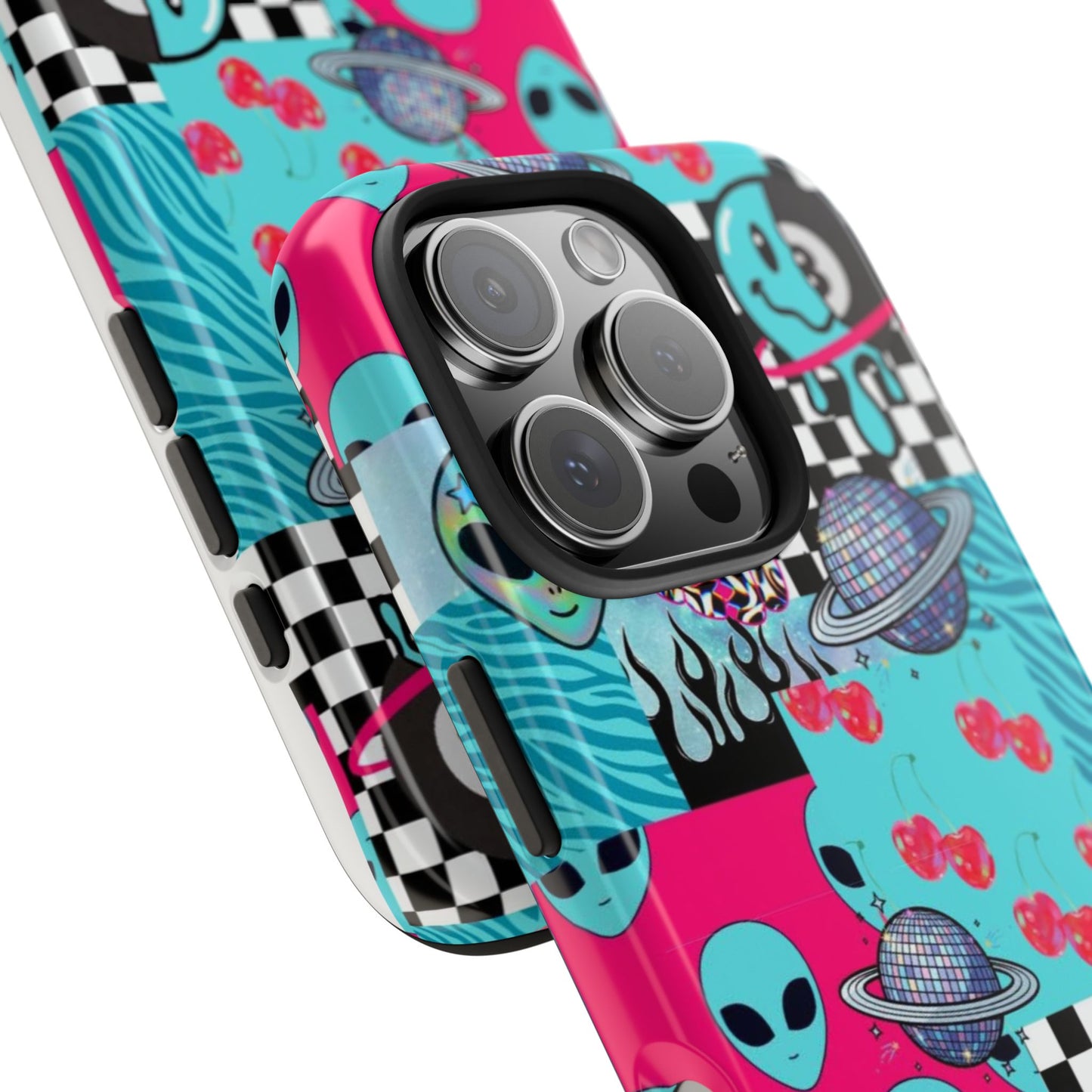 Alien Collage Tough Phone Case — Retro Checkerboard, Planets & Cherry Pop Design