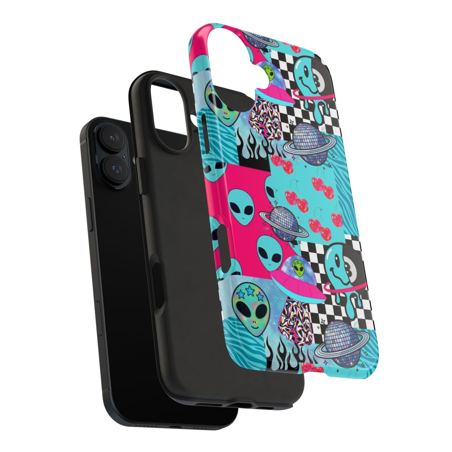 Alien Collage Tough Phone Case — Retro Checkerboard, Planets & Cherry Pop Design