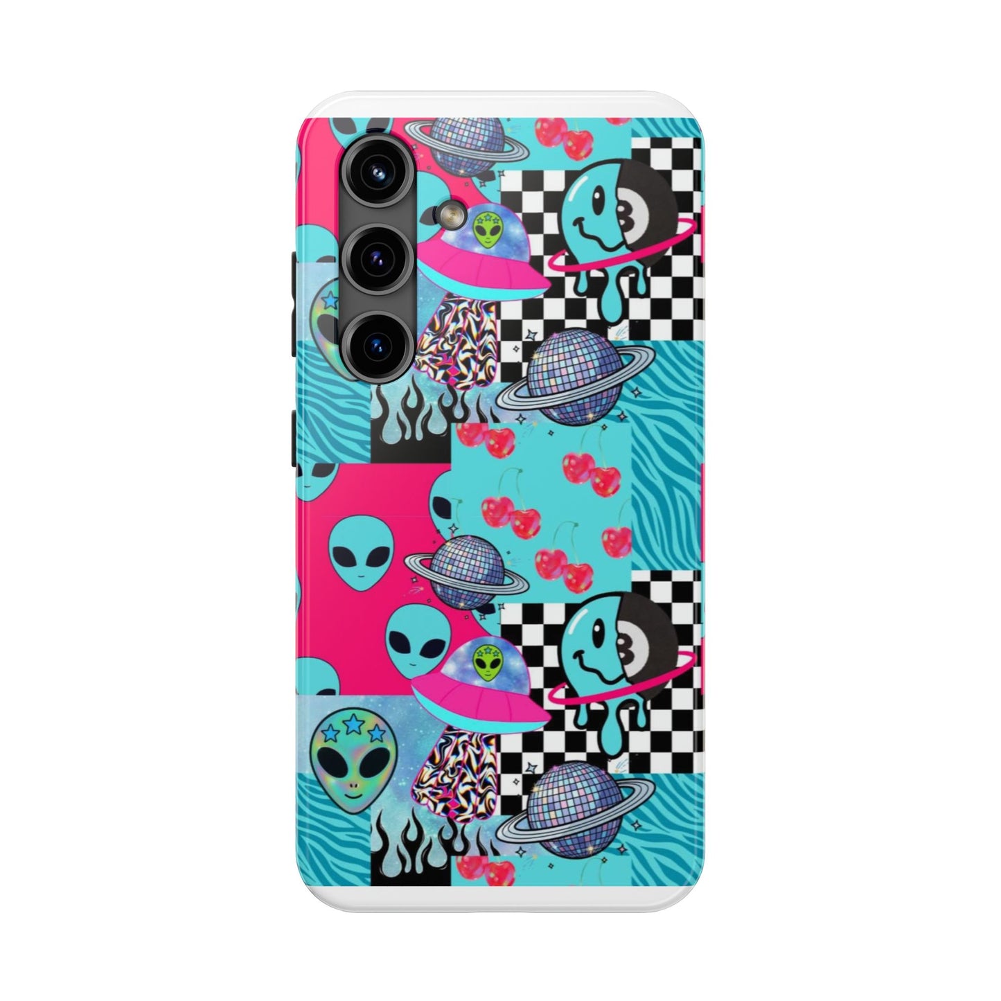 Alien Collage Tough Phone Case — Retro Checkerboard, Planets & Cherry Pop Design
