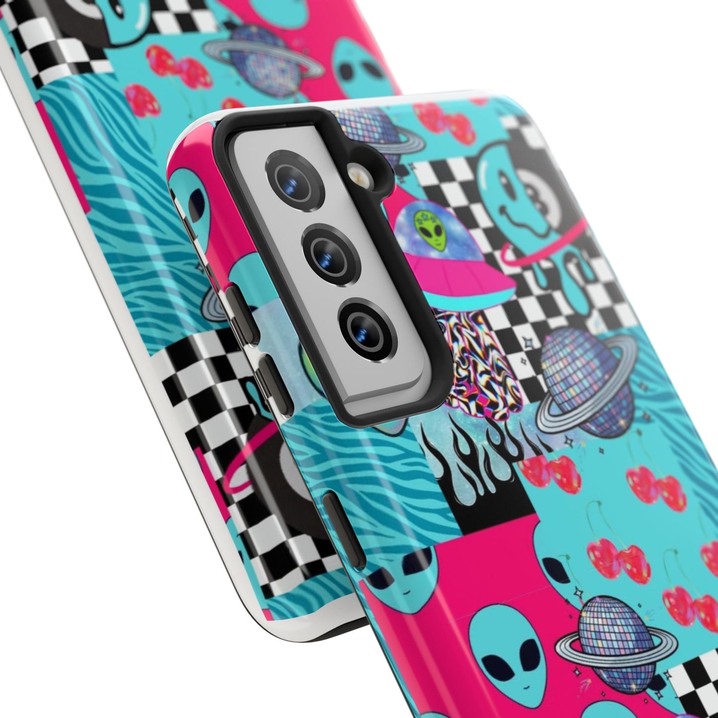 Alien Collage Tough Phone Case — Retro Checkerboard, Planets & Cherry Pop Design