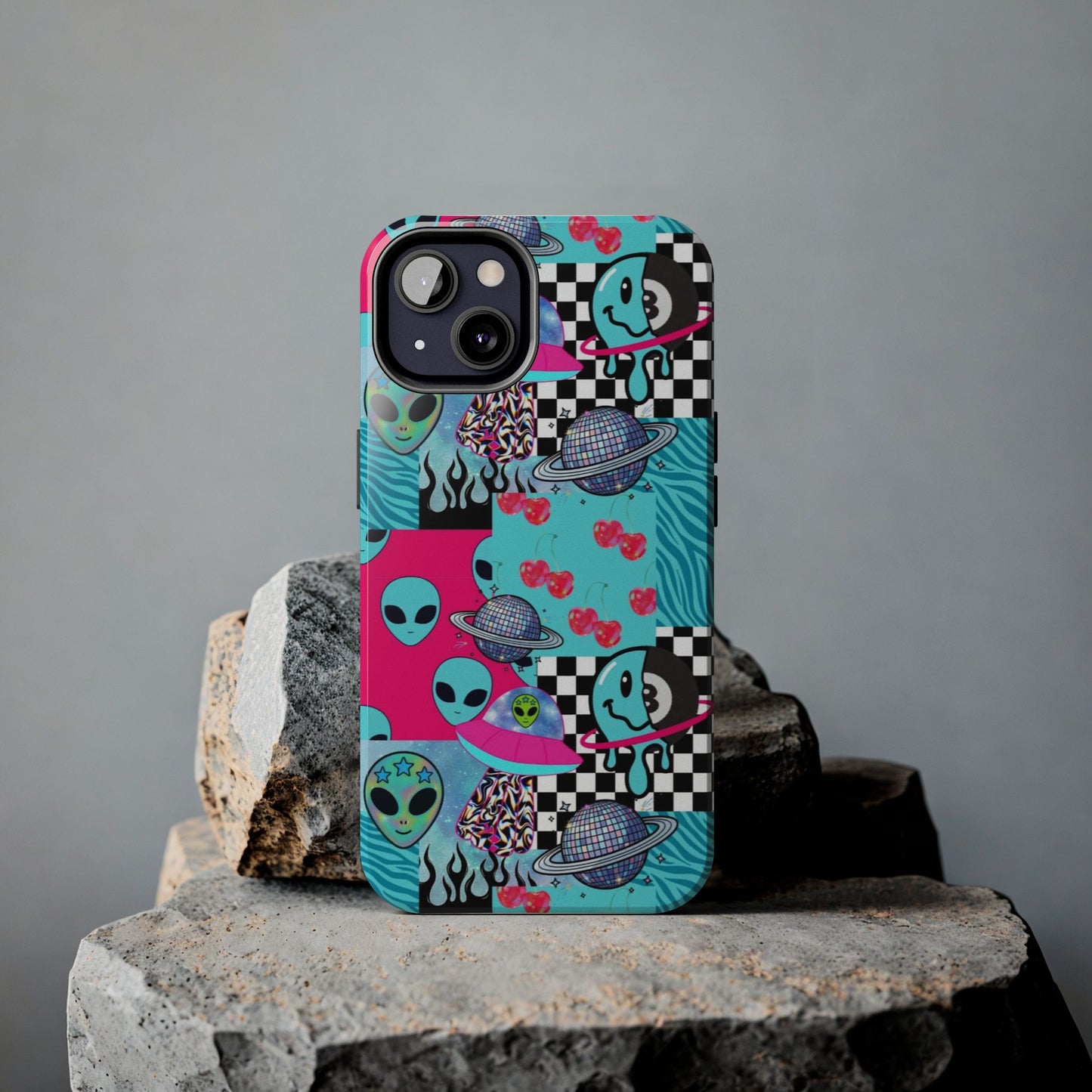 Alien Collage Tough Phone Case — Retro Checkerboard, Planets & Cherry Pop Design