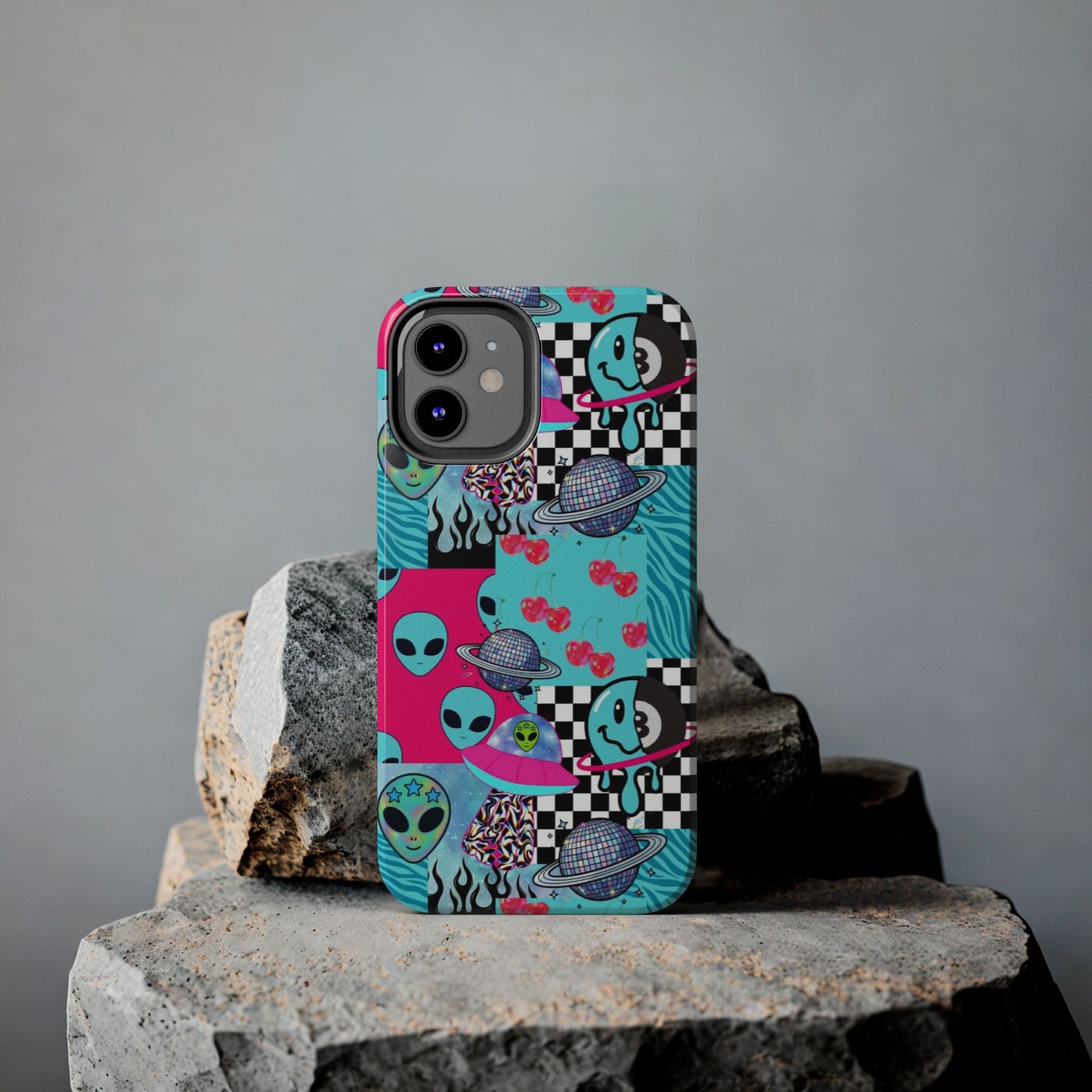 Alien Collage Tough Phone Case — Retro Checkerboard, Planets & Cherry Pop Design