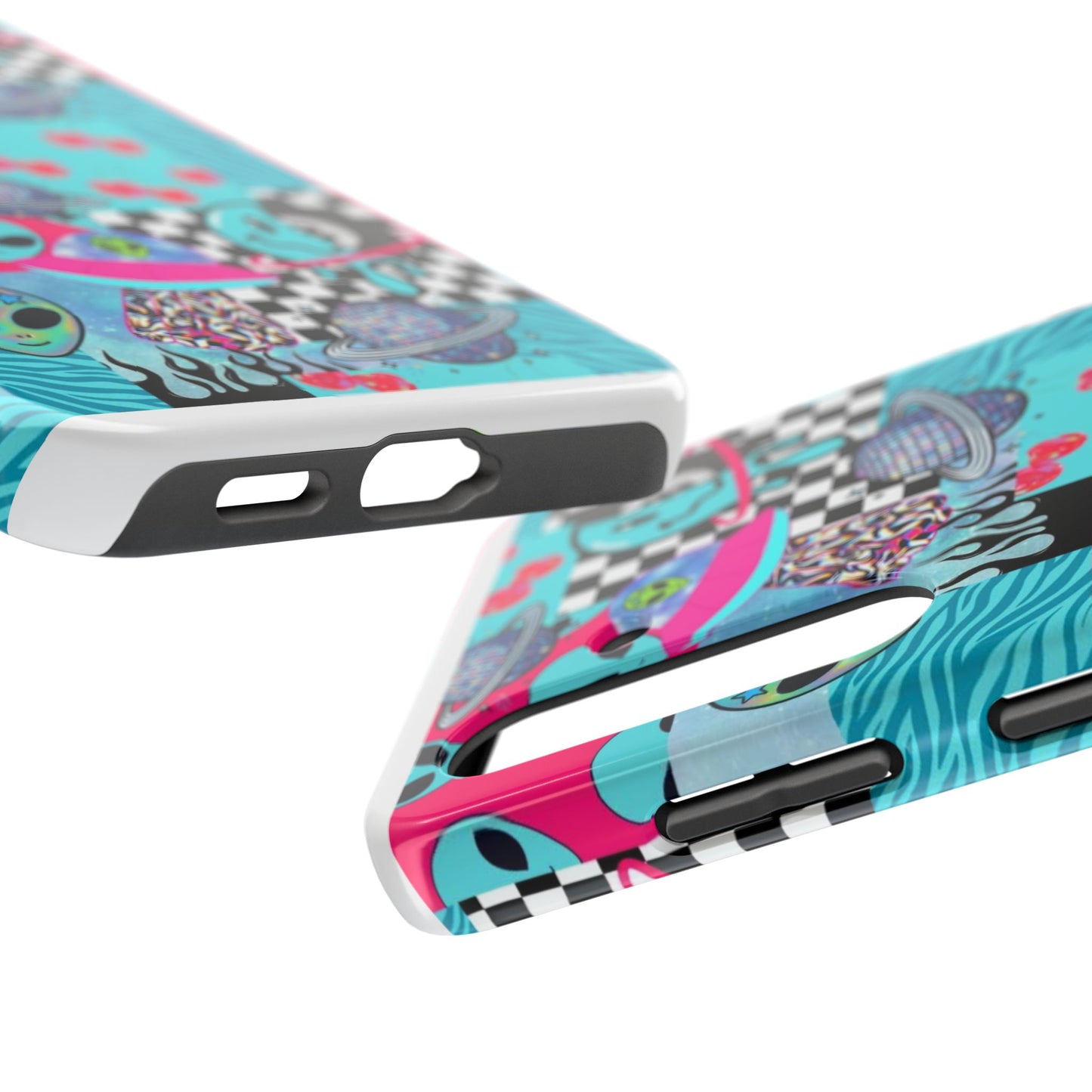 Alien Collage Tough Phone Case — Retro Checkerboard, Planets & Cherry Pop Design