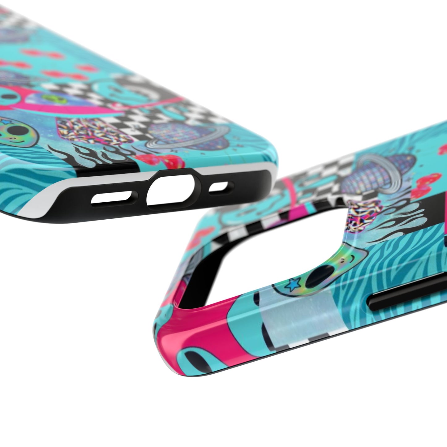 Alien Collage Tough Phone Case — Retro Checkerboard, Planets & Cherry Pop Design