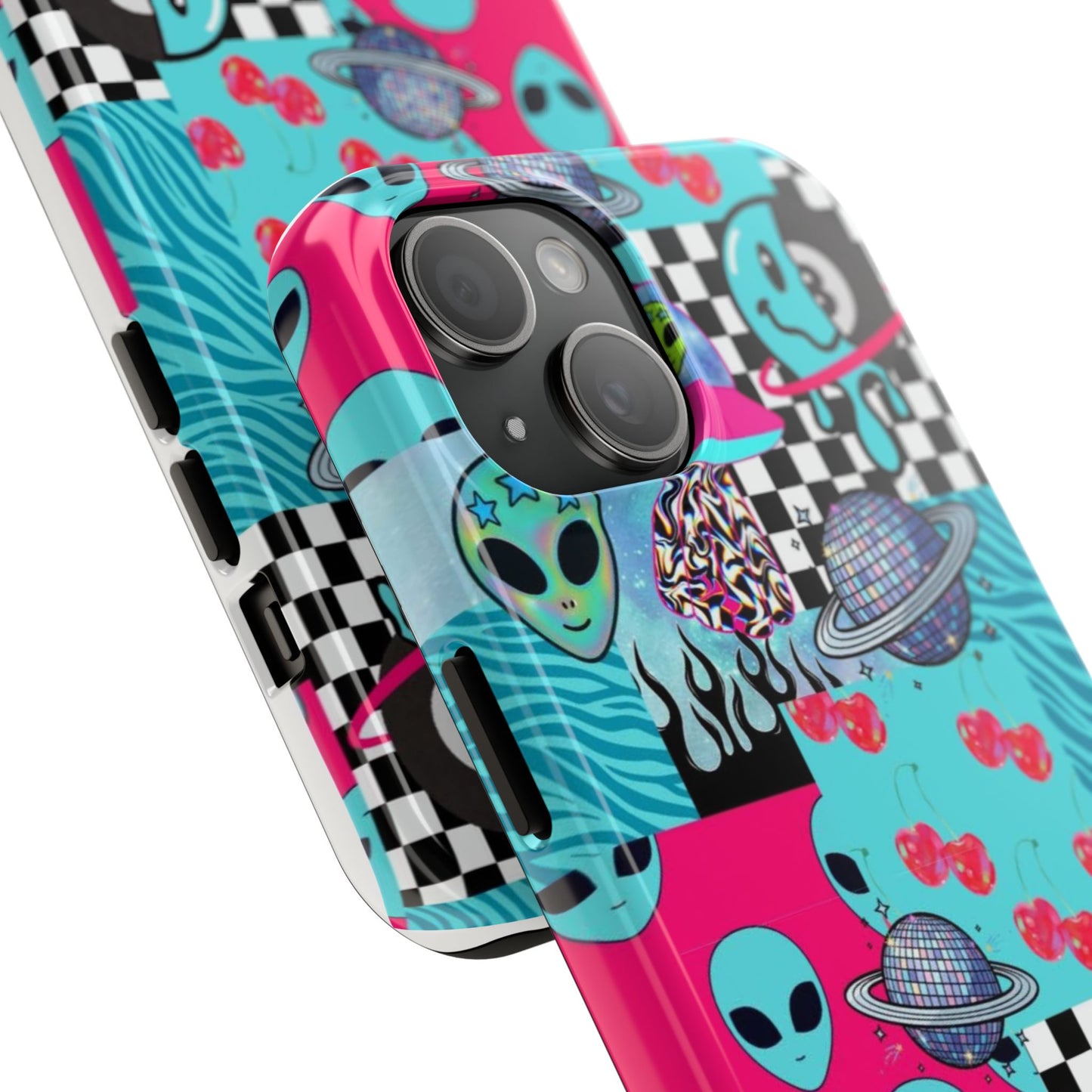 Alien Collage Tough Phone Case — Retro Checkerboard, Planets & Cherry Pop Design