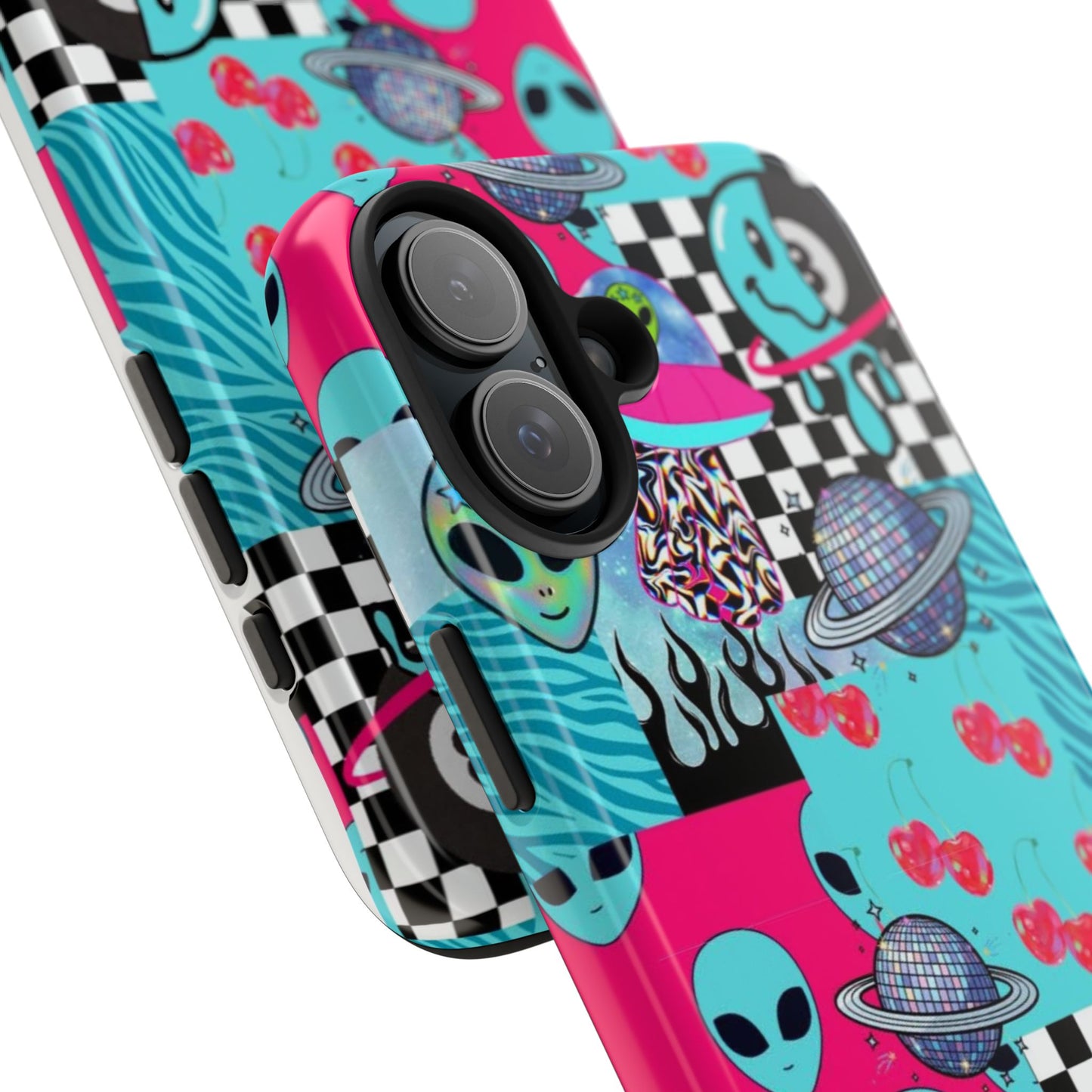 Alien Collage Tough Phone Case — Retro Checkerboard, Planets & Cherry Pop Design