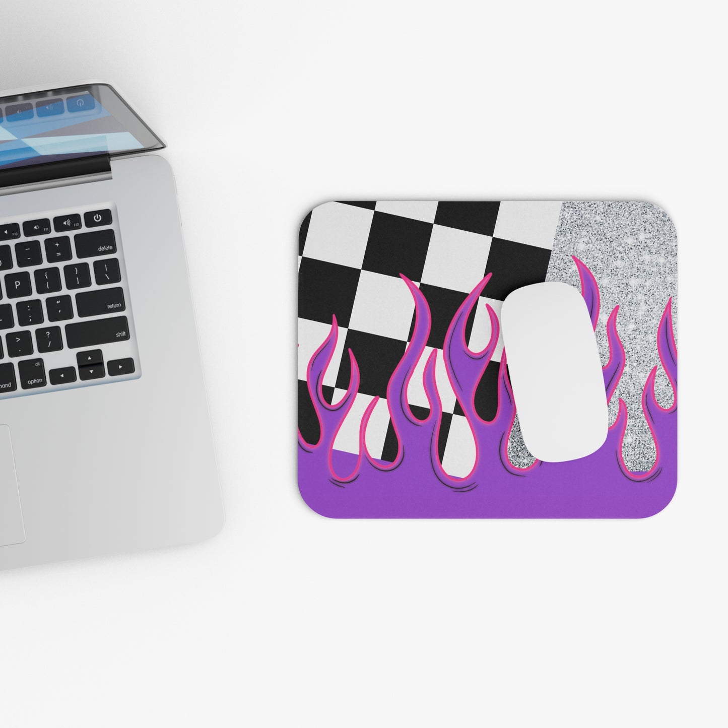 Checkered Silver Glitter Mouse Pad with Purple Flame Design