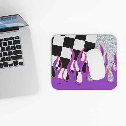 Checkered Silver Glitter Mouse Pad with Purple Flame Design