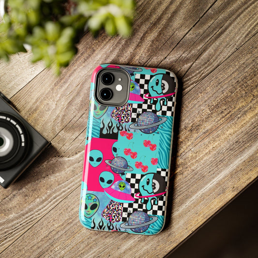 Alien Collage Tough Phone Case — Retro Checkerboard, Planets & Cherry Pop Design