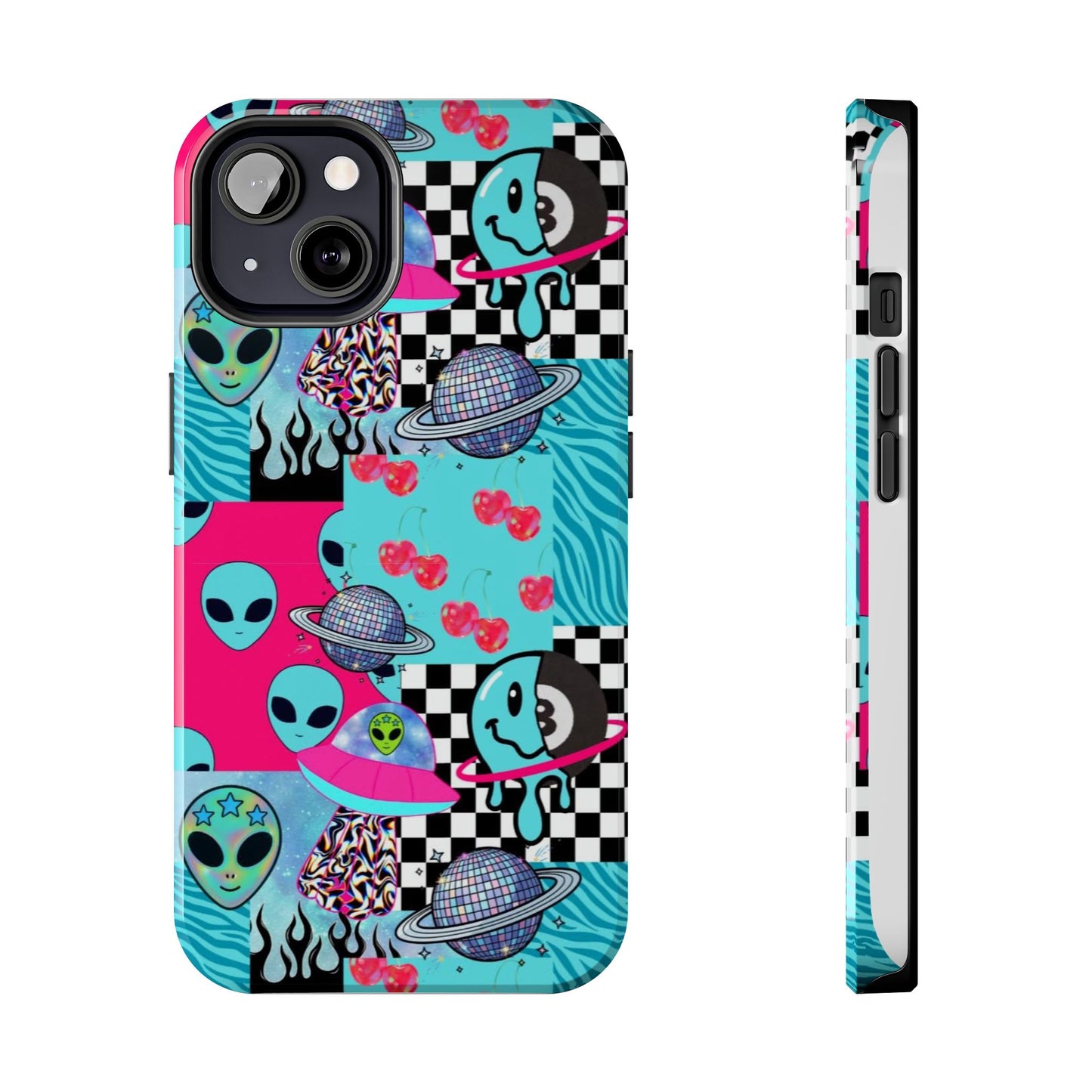 Alien Collage Tough Phone Case — Retro Checkerboard, Planets & Cherry Pop Design