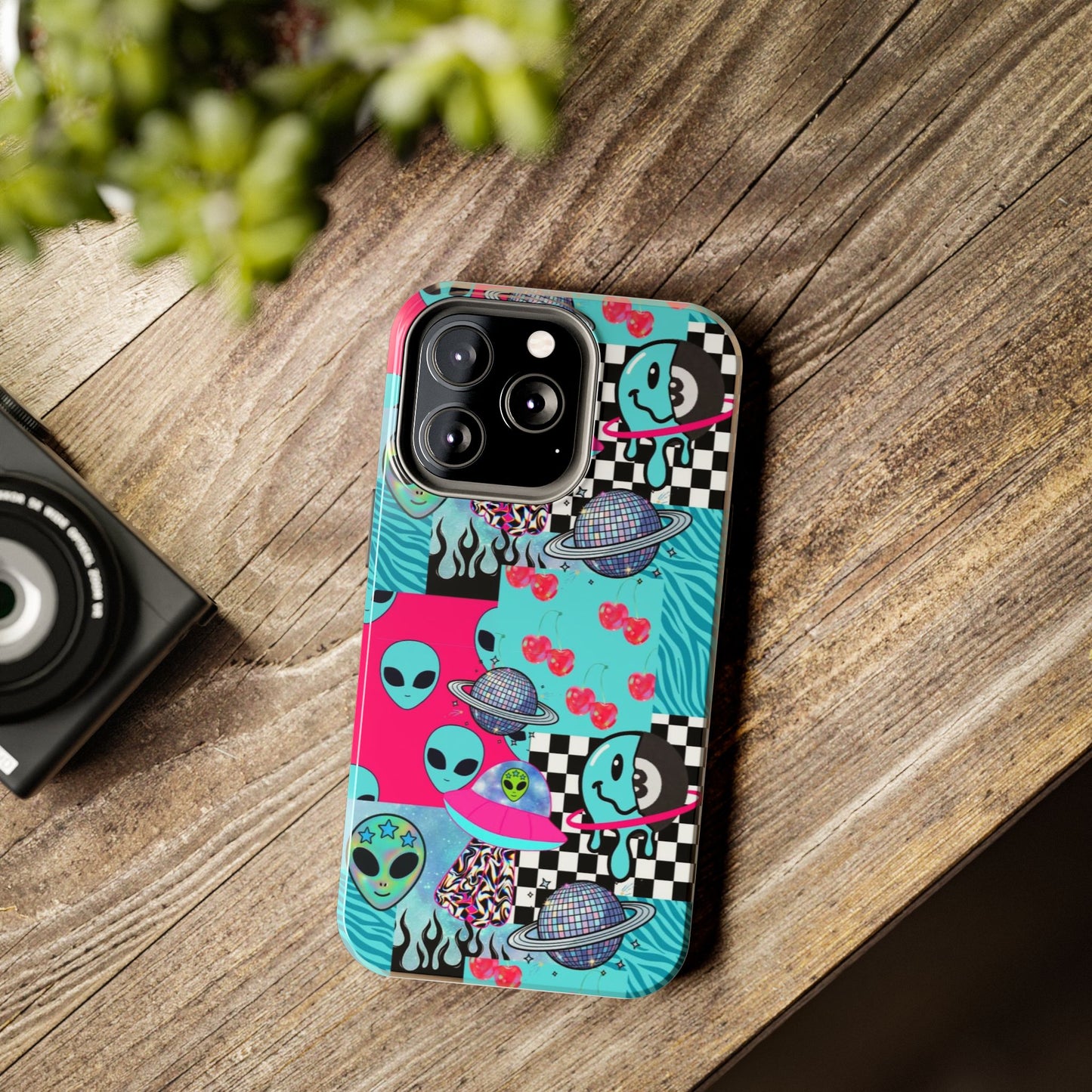 Alien Collage Tough Phone Case — Retro Checkerboard, Planets & Cherry Pop Design