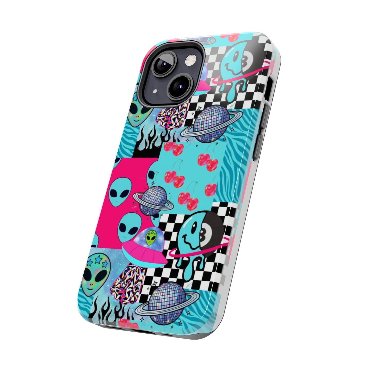 Alien Collage Tough Phone Case — Retro Checkerboard, Planets & Cherry Pop Design