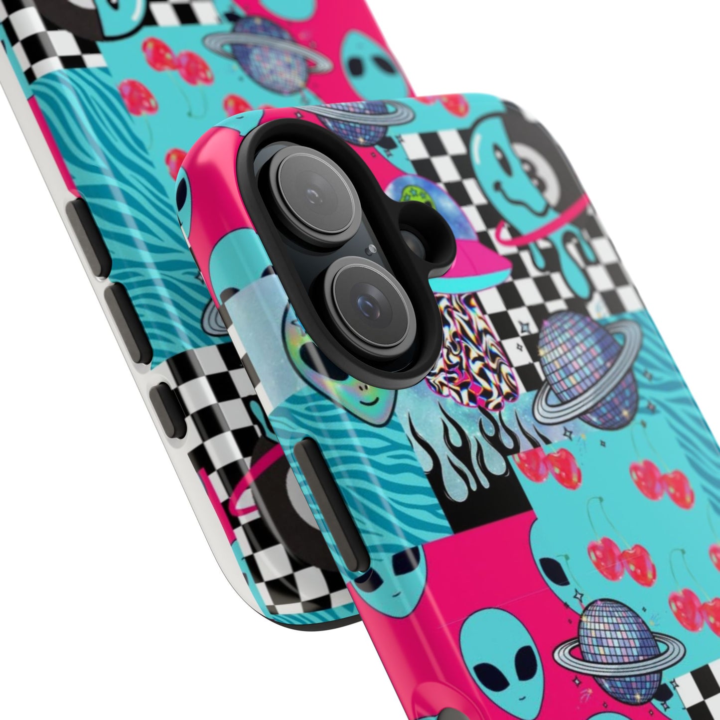 Alien Collage Tough Phone Case — Retro Checkerboard, Planets & Cherry Pop Design