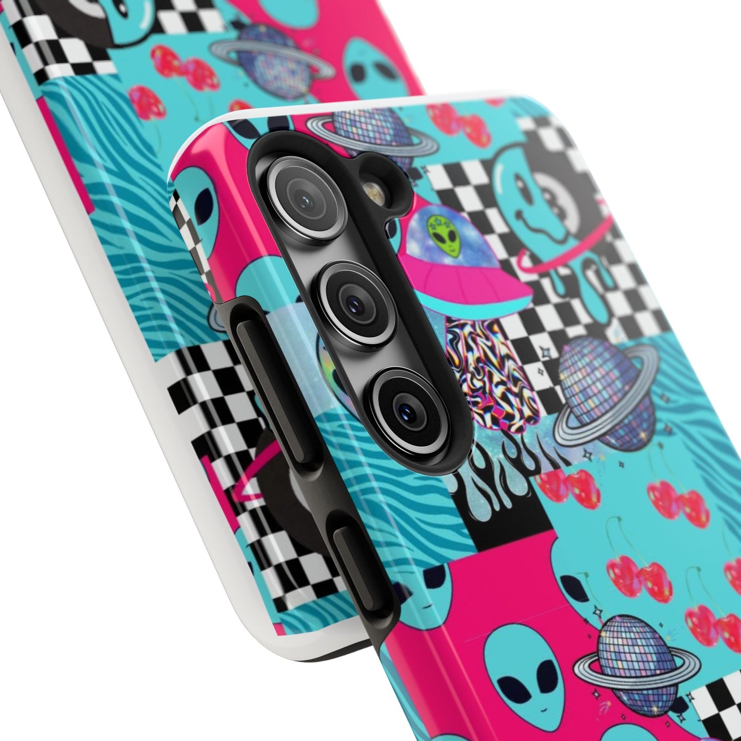 Alien Collage Tough Phone Case — Retro Checkerboard, Planets & Cherry Pop Design