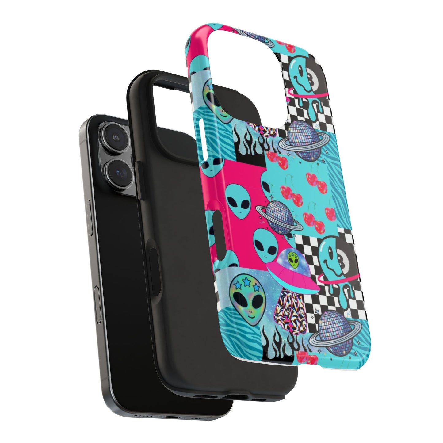Alien Collage Tough Phone Case — Retro Checkerboard, Planets & Cherry Pop Design