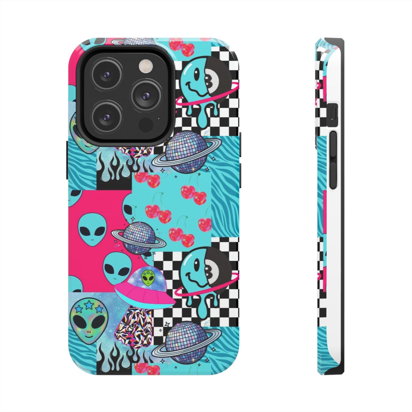 Alien Collage Tough Phone Case — Retro Checkerboard, Planets & Cherry Pop Design