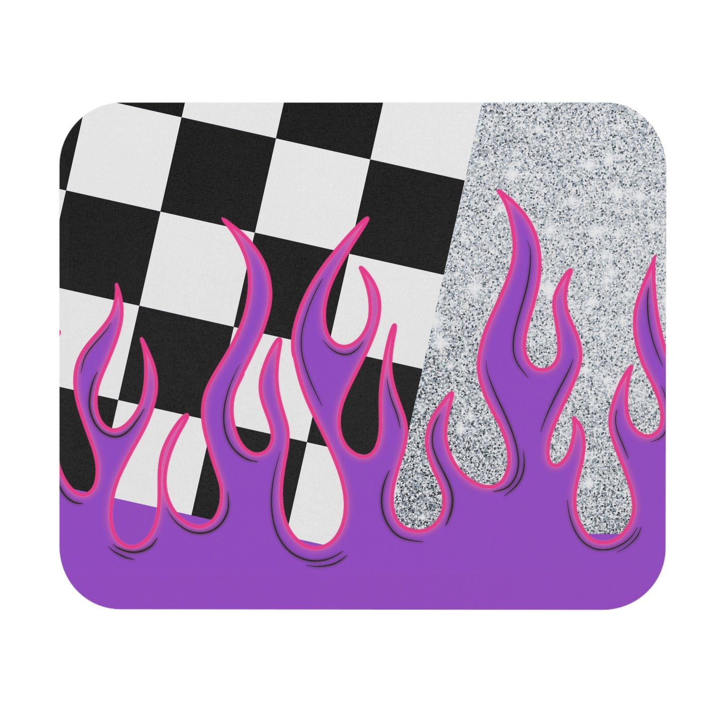 Checkered Silver Glitter Mouse Pad with Purple Flame Design