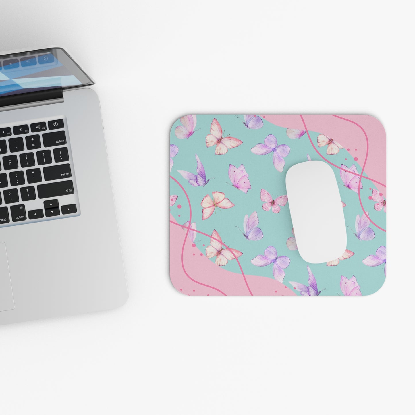 Butterfly Pattern Mouse Pad — Pastel Pink & Mint Desk Mat for Women, Cute Floral Office Gift