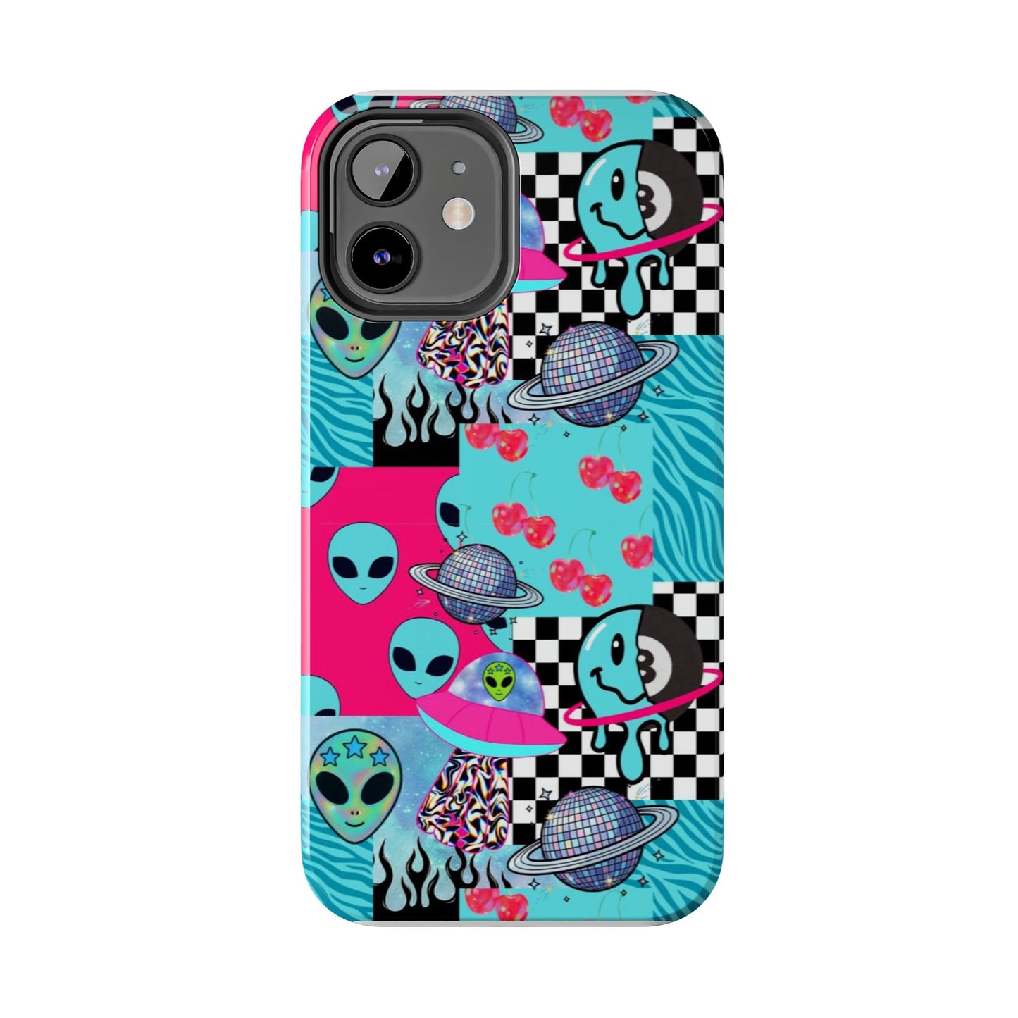 Alien Collage Tough Phone Case — Retro Checkerboard, Planets & Cherry Pop Design