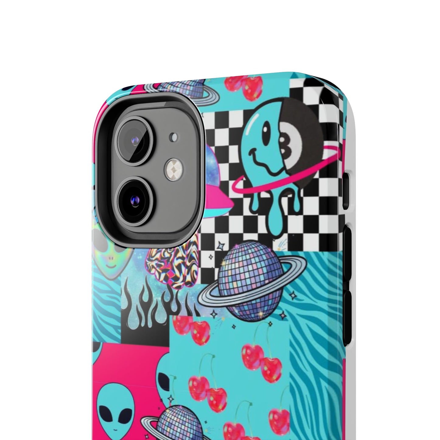 Alien Collage Tough Phone Case — Retro Checkerboard, Planets & Cherry Pop Design