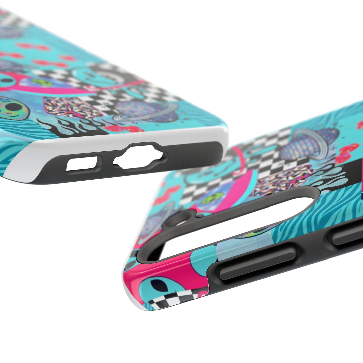 Alien Collage Tough Phone Case — Retro Checkerboard, Planets & Cherry Pop Design