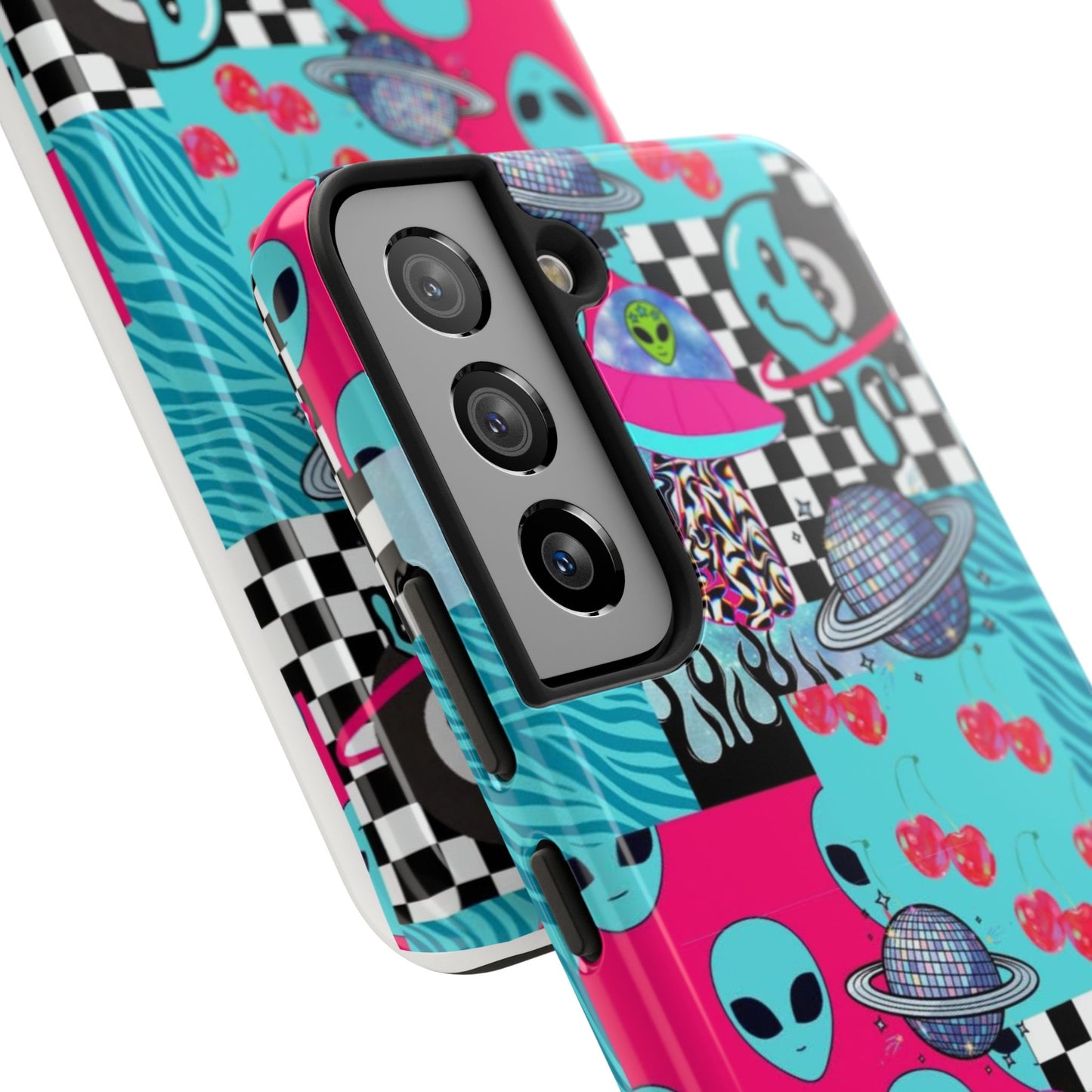 Alien Collage Tough Phone Case — Retro Checkerboard, Planets & Cherry Pop Design