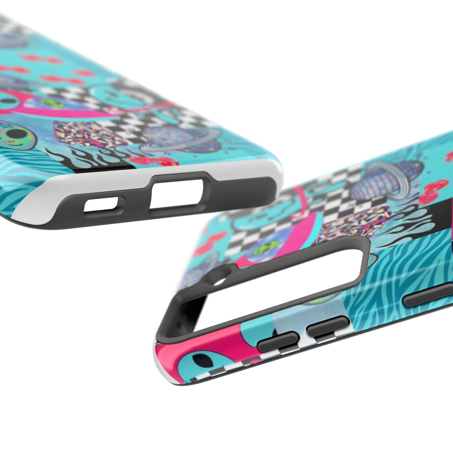 Alien Collage Tough Phone Case — Retro Checkerboard, Planets & Cherry Pop Design