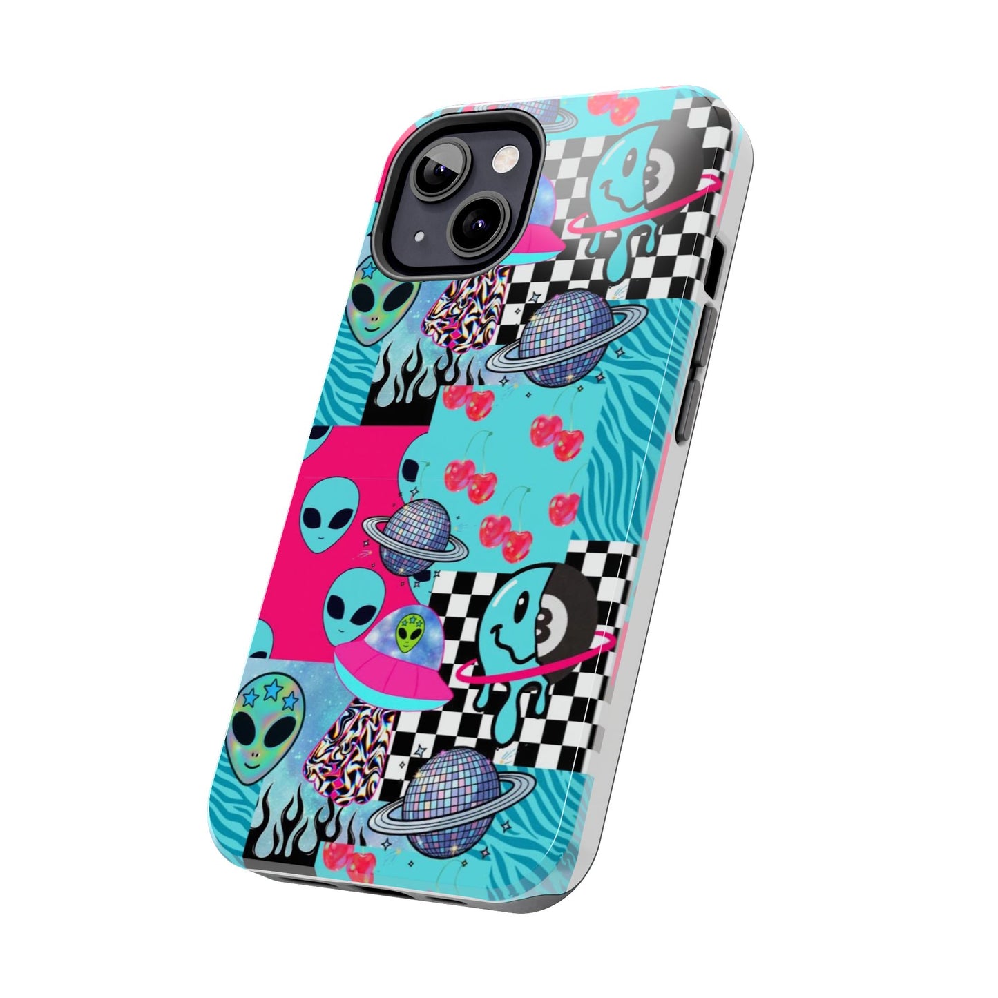 Alien Collage Tough Phone Case — Retro Checkerboard, Planets & Cherry Pop Design