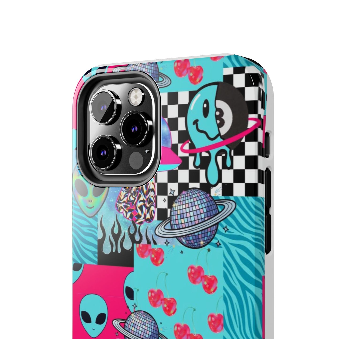 Alien Collage Tough Phone Case — Retro Checkerboard, Planets & Cherry Pop Design