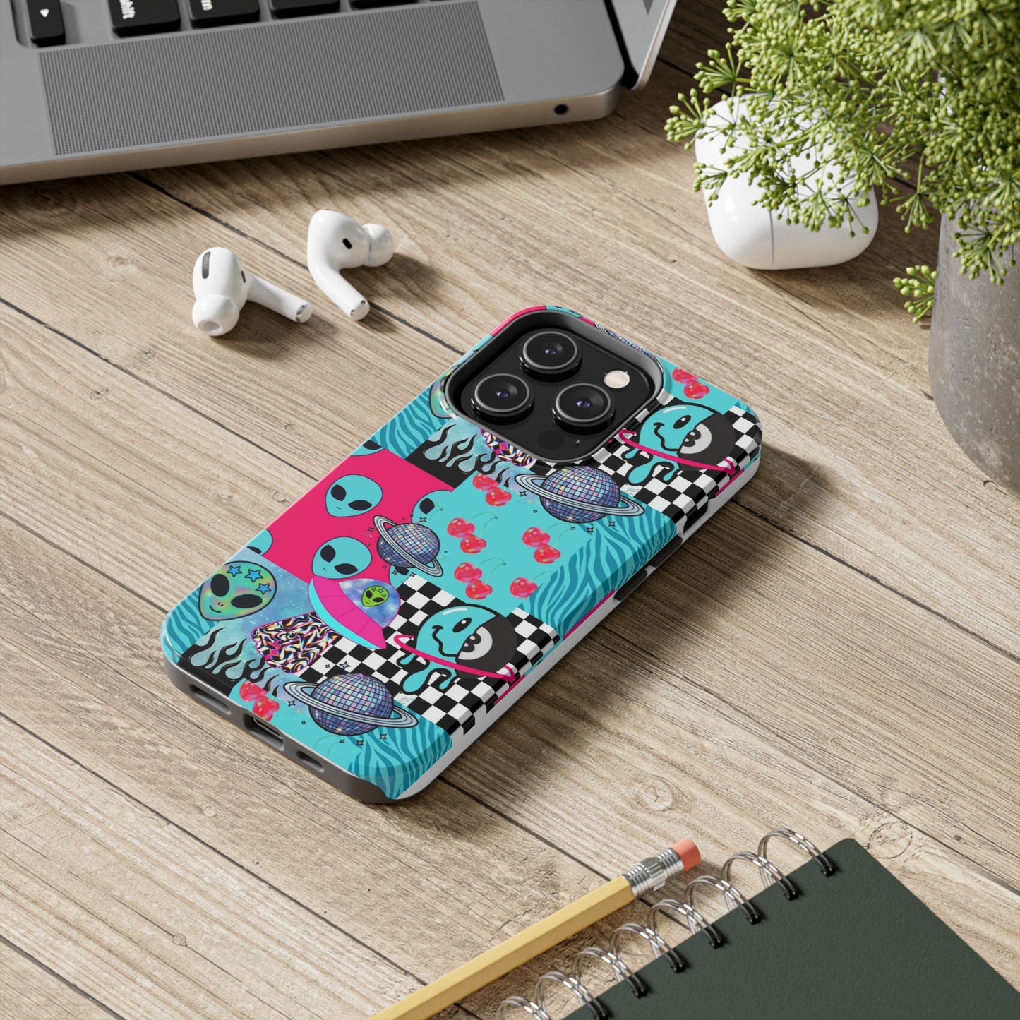 Alien Collage Tough Phone Case — Retro Checkerboard, Planets & Cherry Pop Design