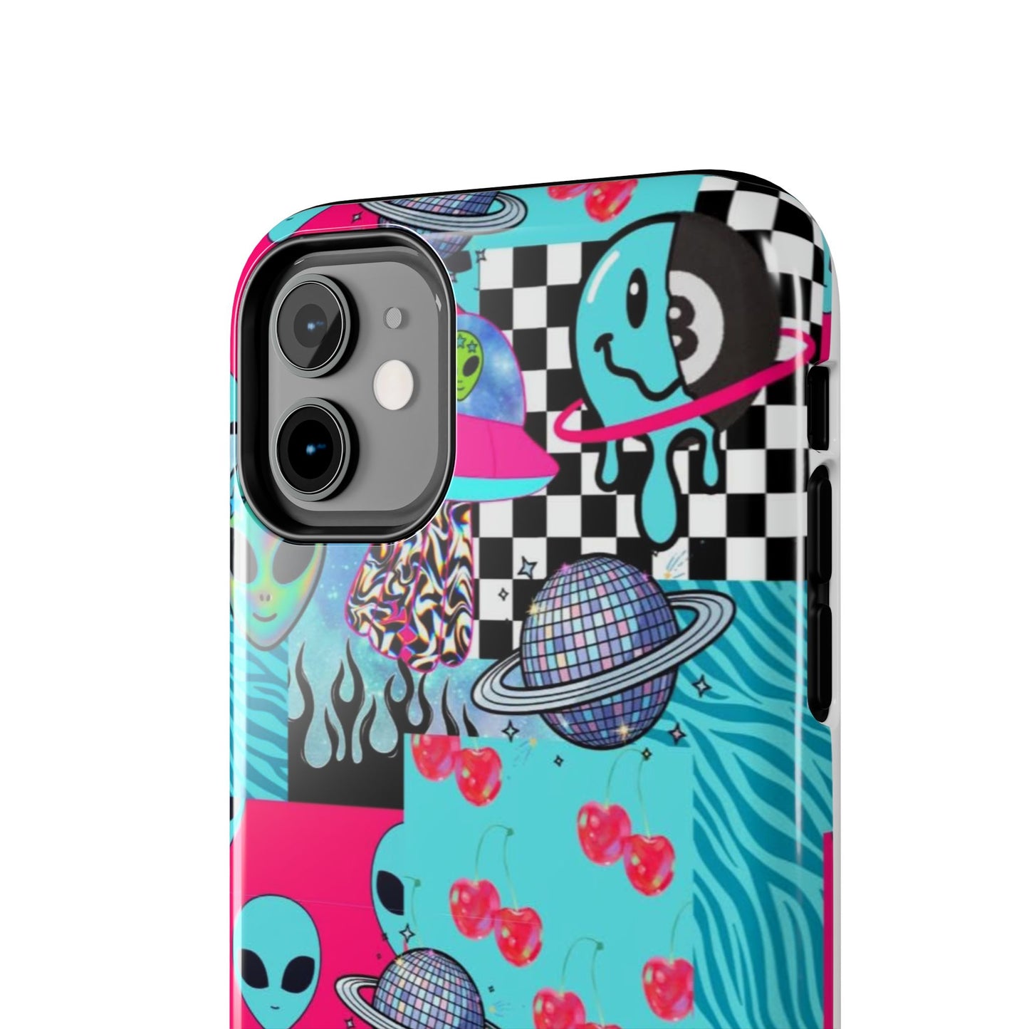 Alien Collage Tough Phone Case — Retro Checkerboard, Planets & Cherry Pop Design