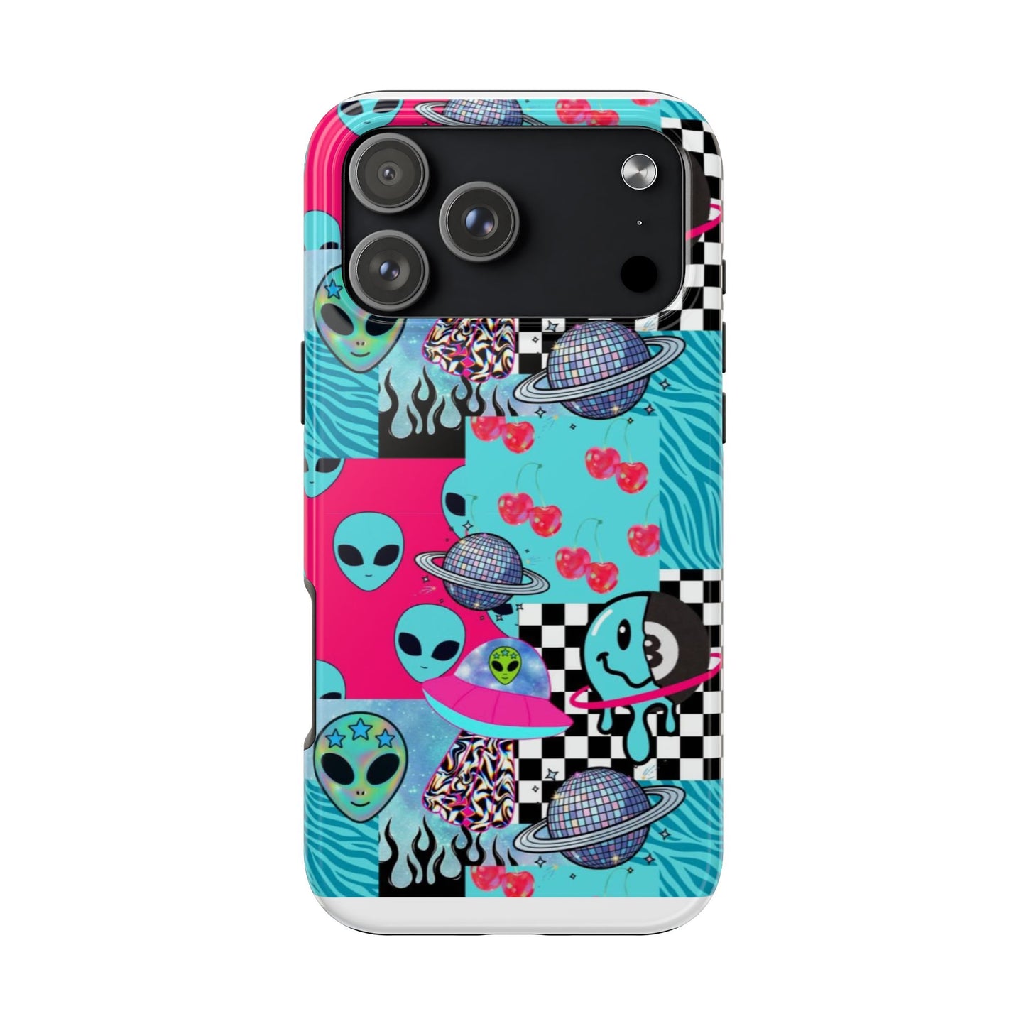 Alien Collage Tough Phone Case — Retro Checkerboard, Planets & Cherry Pop Design