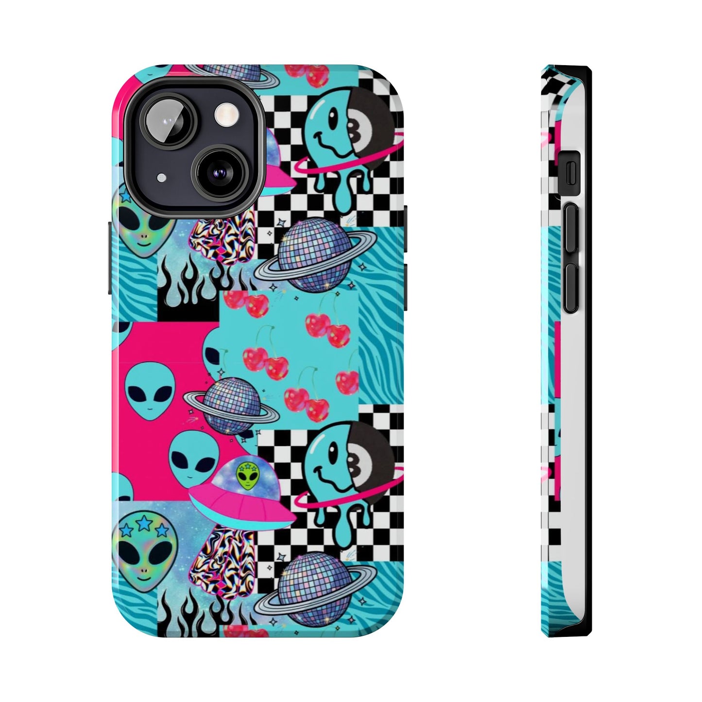 Alien Collage Tough Phone Case — Retro Checkerboard, Planets & Cherry Pop Design