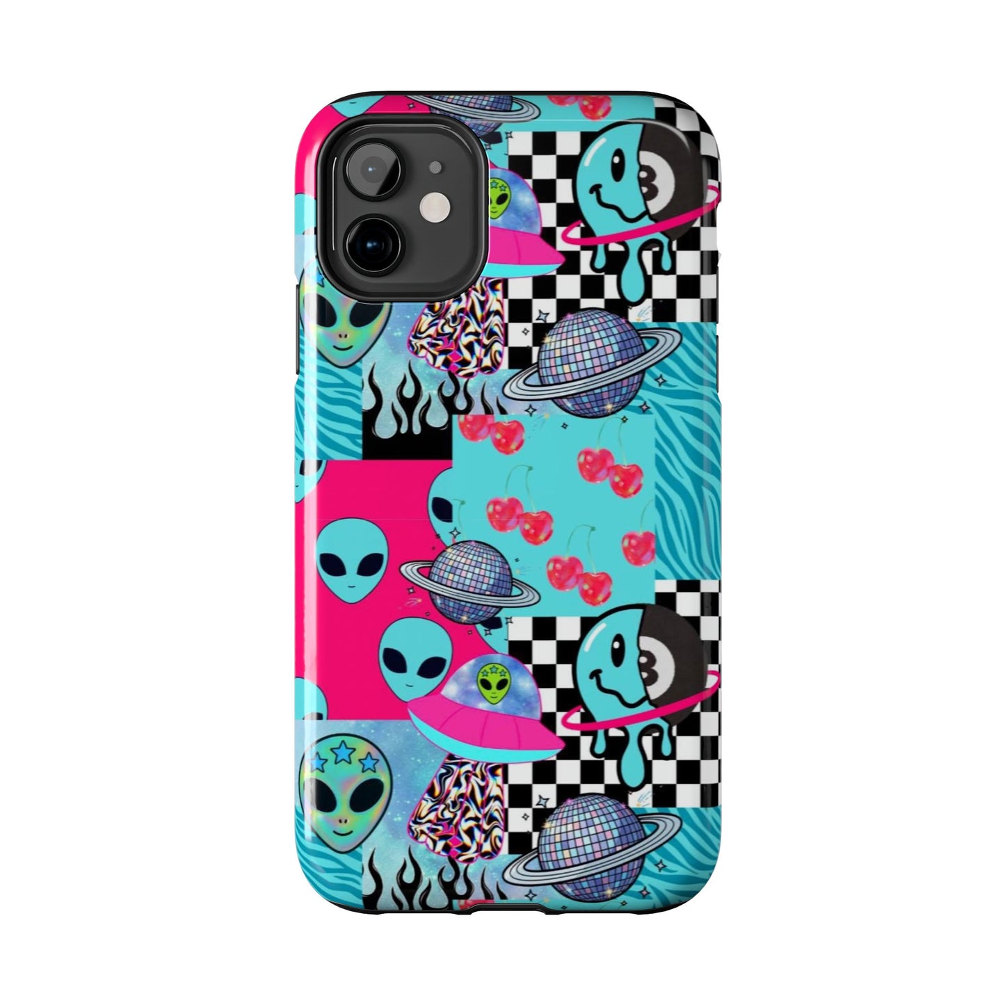 Alien Collage Tough Phone Case — Retro Checkerboard, Planets & Cherry Pop Design