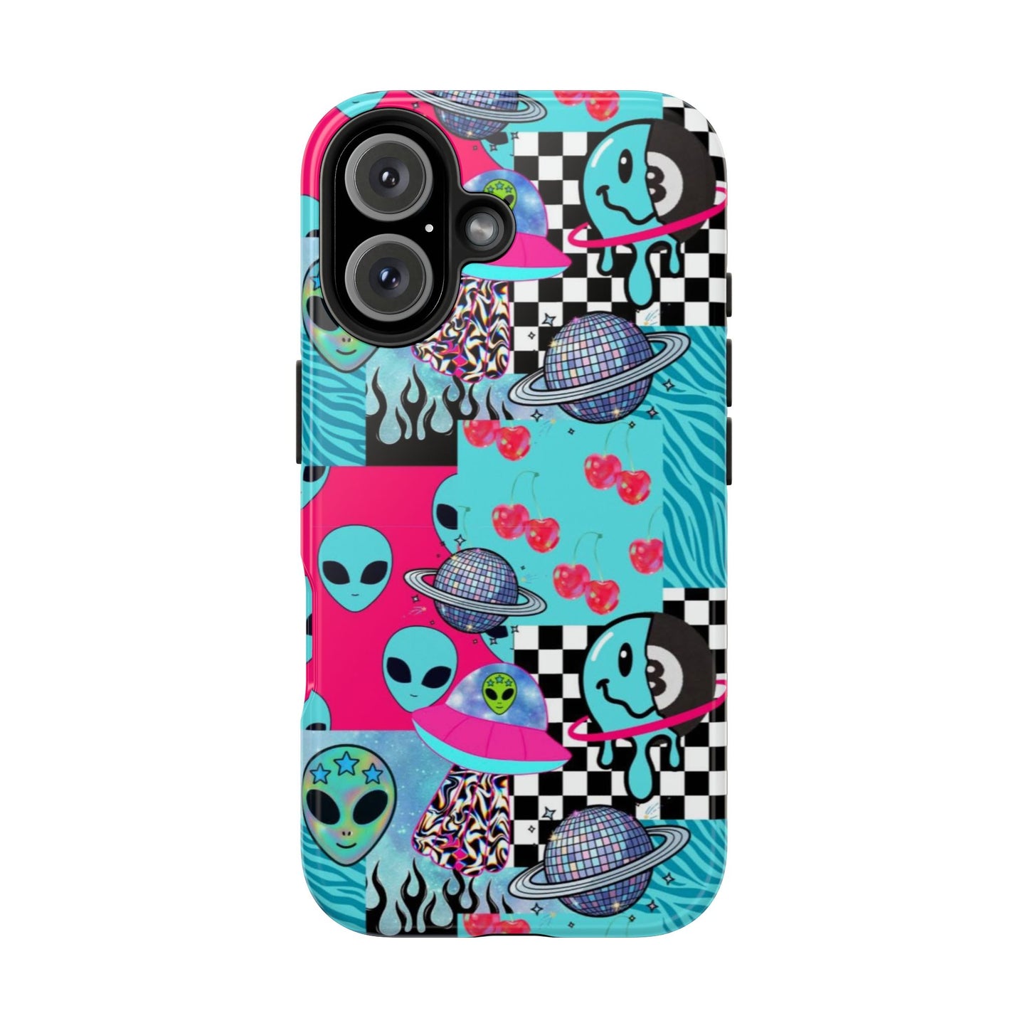 Alien Collage Tough Phone Case — Retro Checkerboard, Planets & Cherry Pop Design