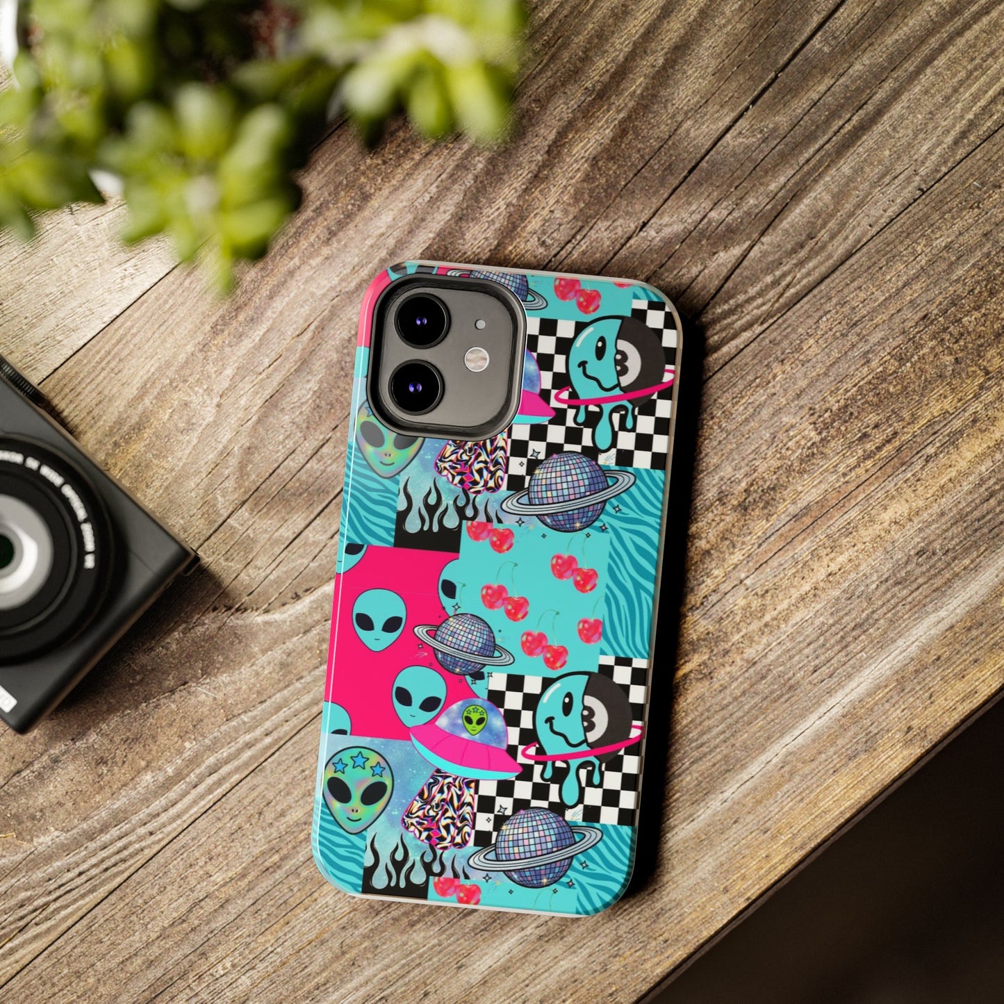 Alien Collage Tough Phone Case — Retro Checkerboard, Planets & Cherry Pop Design