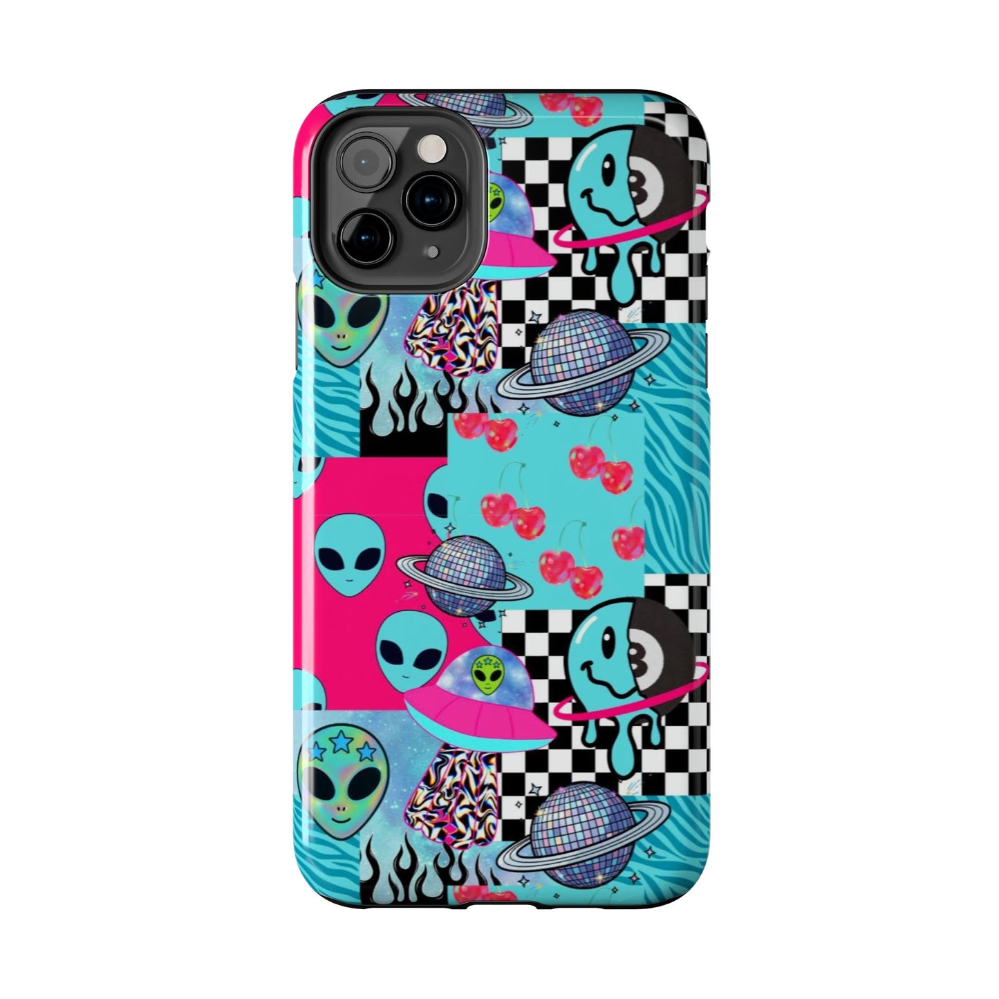 Alien Collage Tough Phone Case — Retro Checkerboard, Planets & Cherry Pop Design