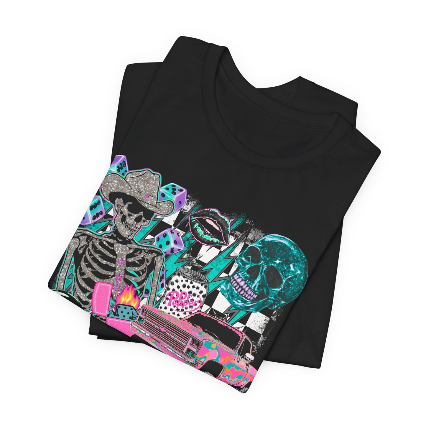 Skeleton Lowrider Tee — Retro Neon Goth Car Culture Shirt