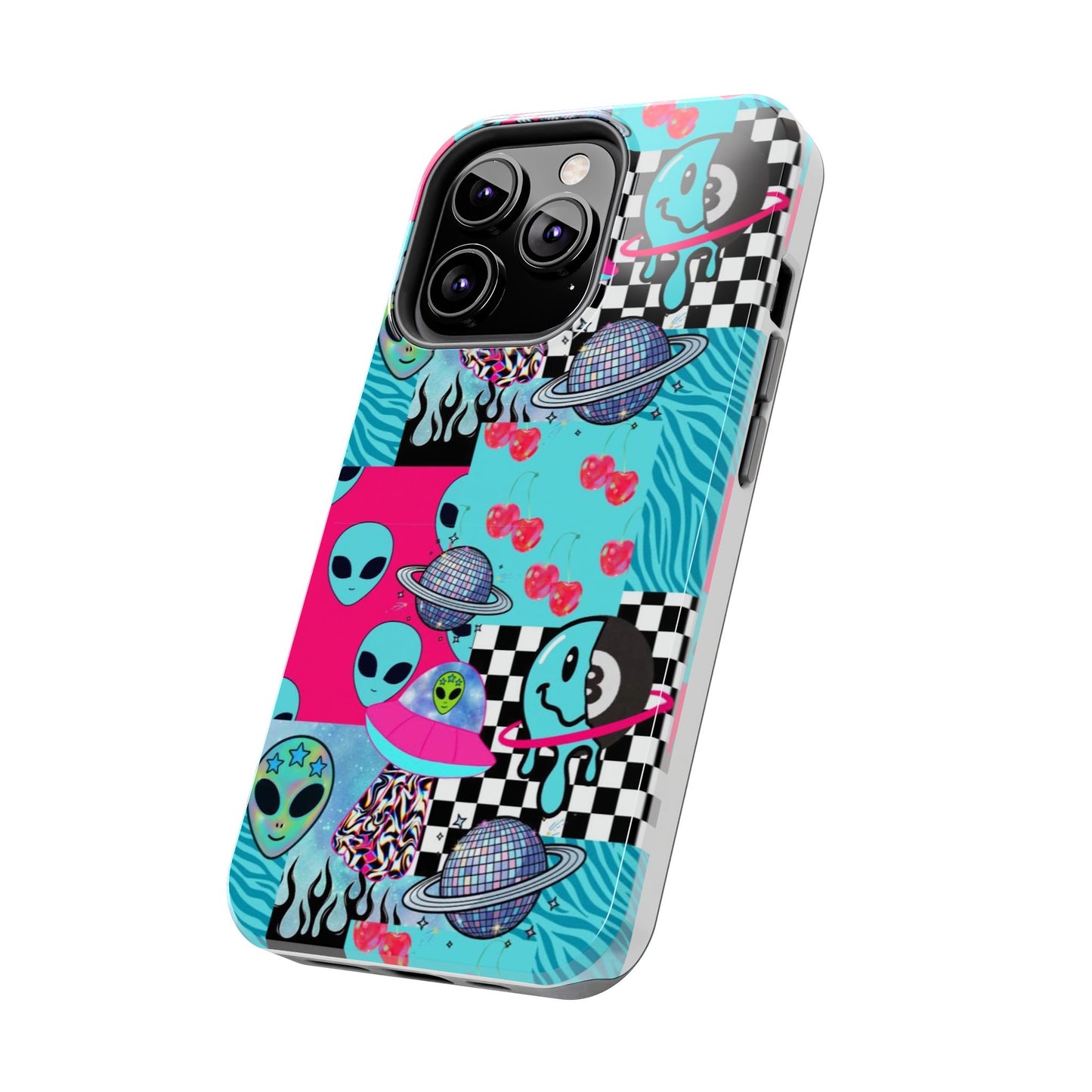 Alien Collage Tough Phone Case — Retro Checkerboard, Planets & Cherry Pop Design