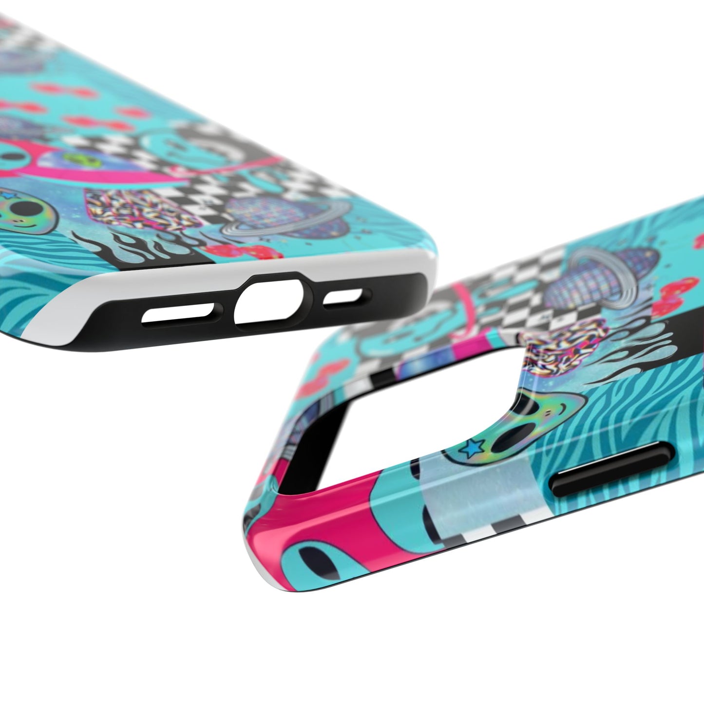 Alien Collage Tough Phone Case — Retro Checkerboard, Planets & Cherry Pop Design