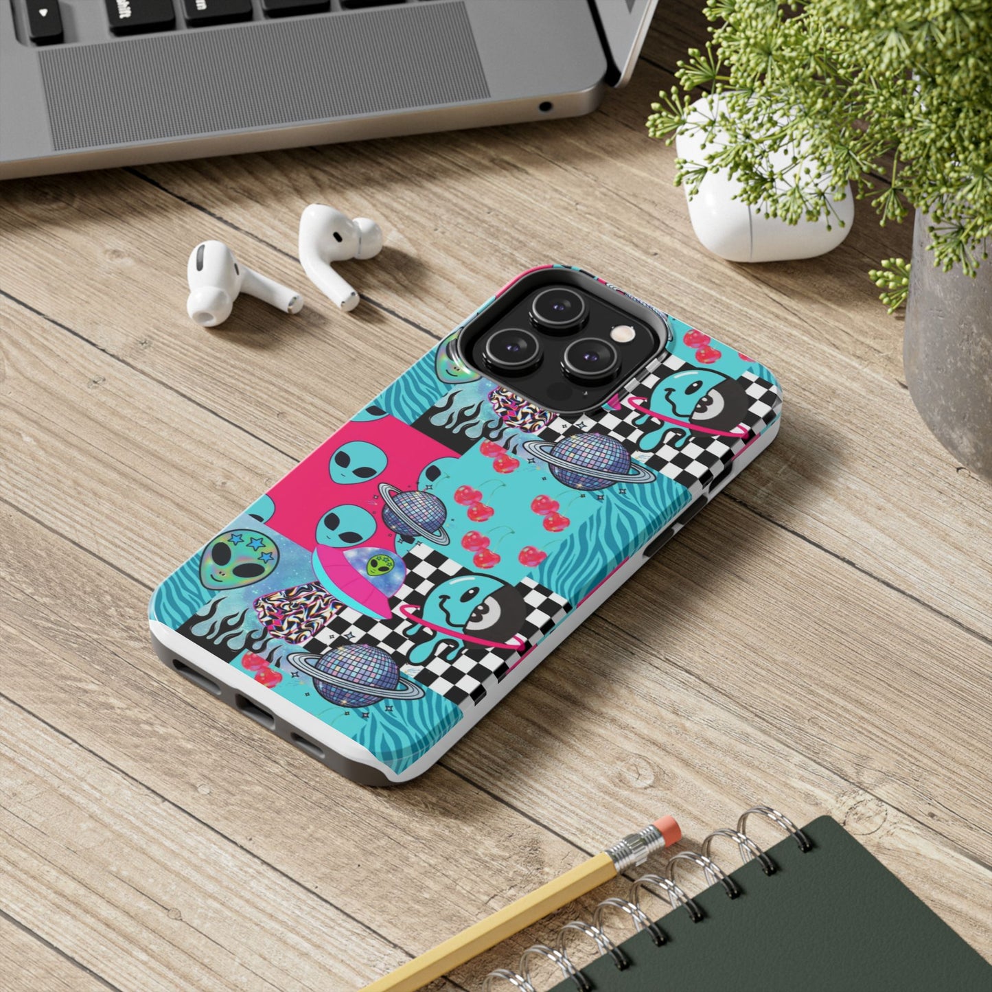 Alien Collage Tough Phone Case — Retro Checkerboard, Planets & Cherry Pop Design