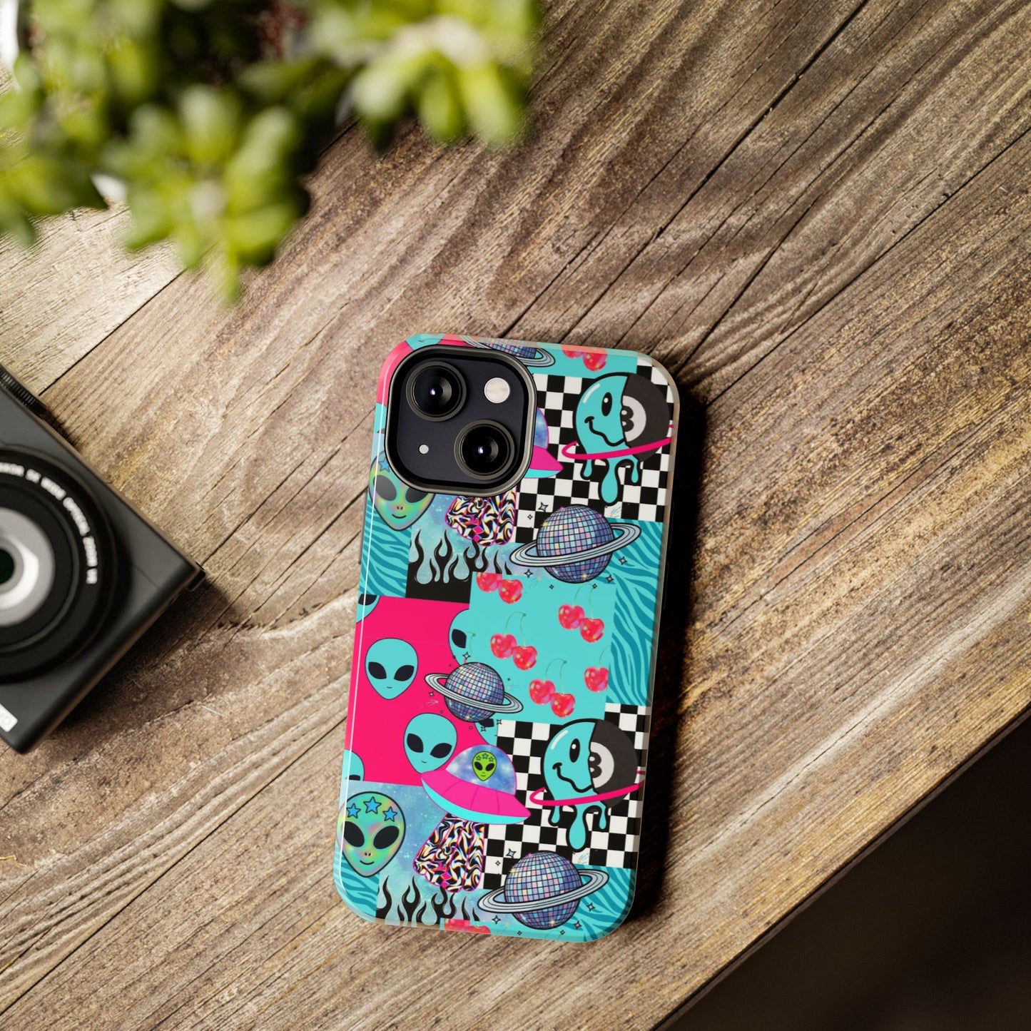 Alien Collage Tough Phone Case — Retro Checkerboard, Planets & Cherry Pop Design